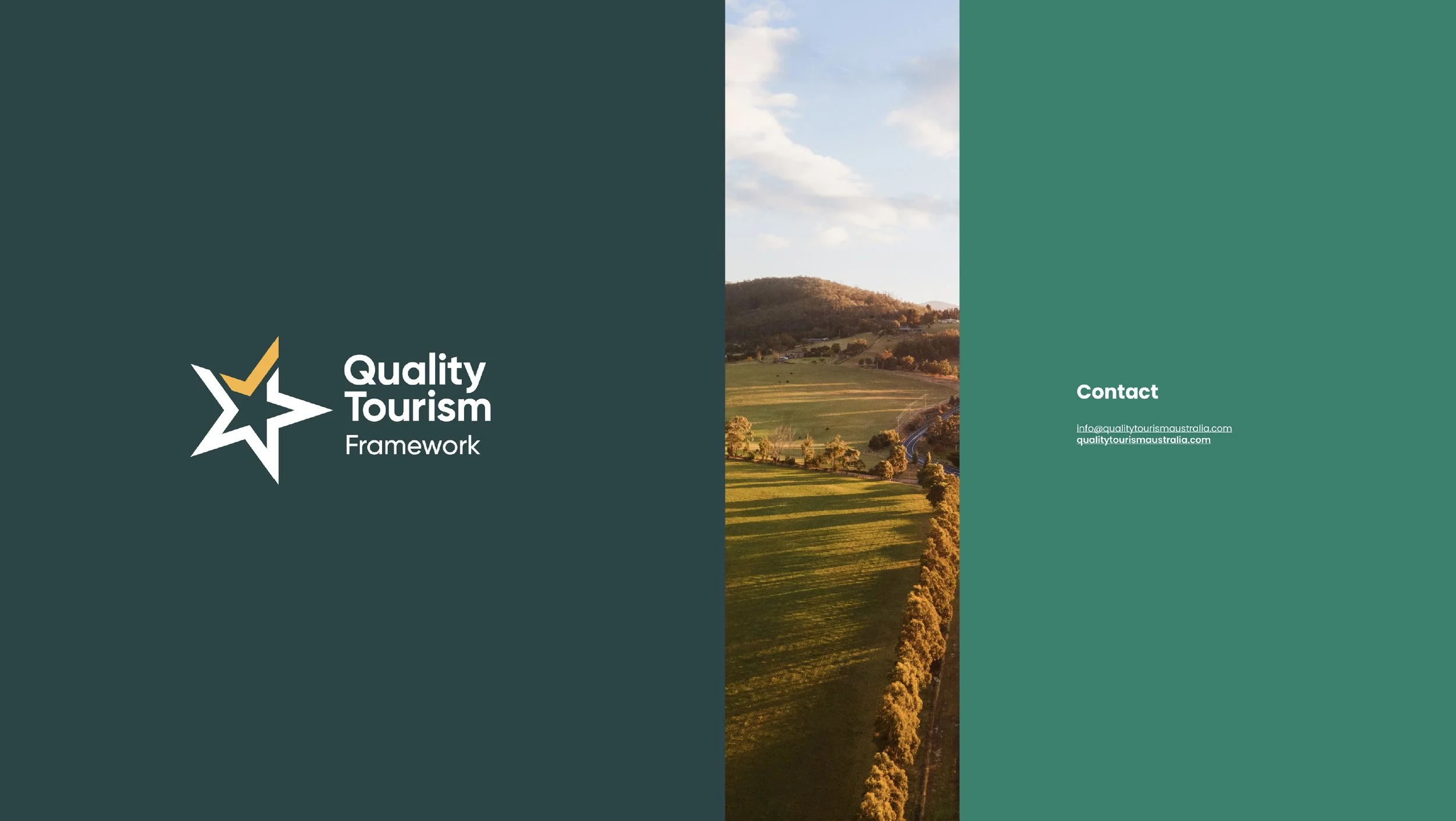 Image shows the Quality Tourism Framework logo reversed in white on a dark green background to the left, with an image of a green landscape in the middle, and to the right on a bright green background, the Contact email address and website for QTA.