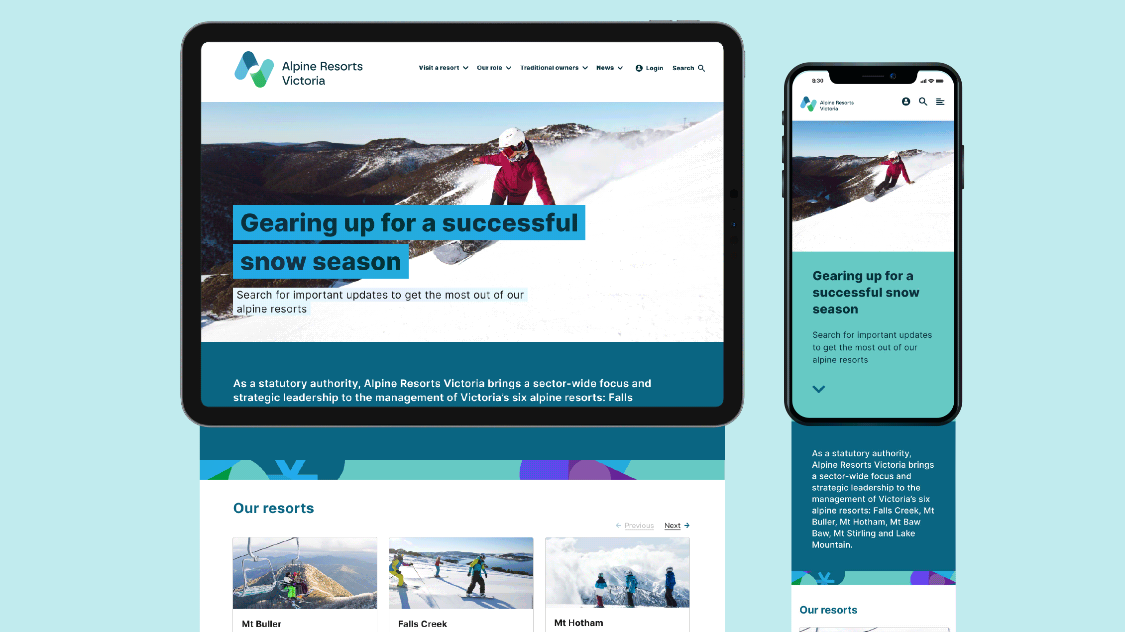 mockup design of ARV website homepage with animated header banner showing seasonal messaging