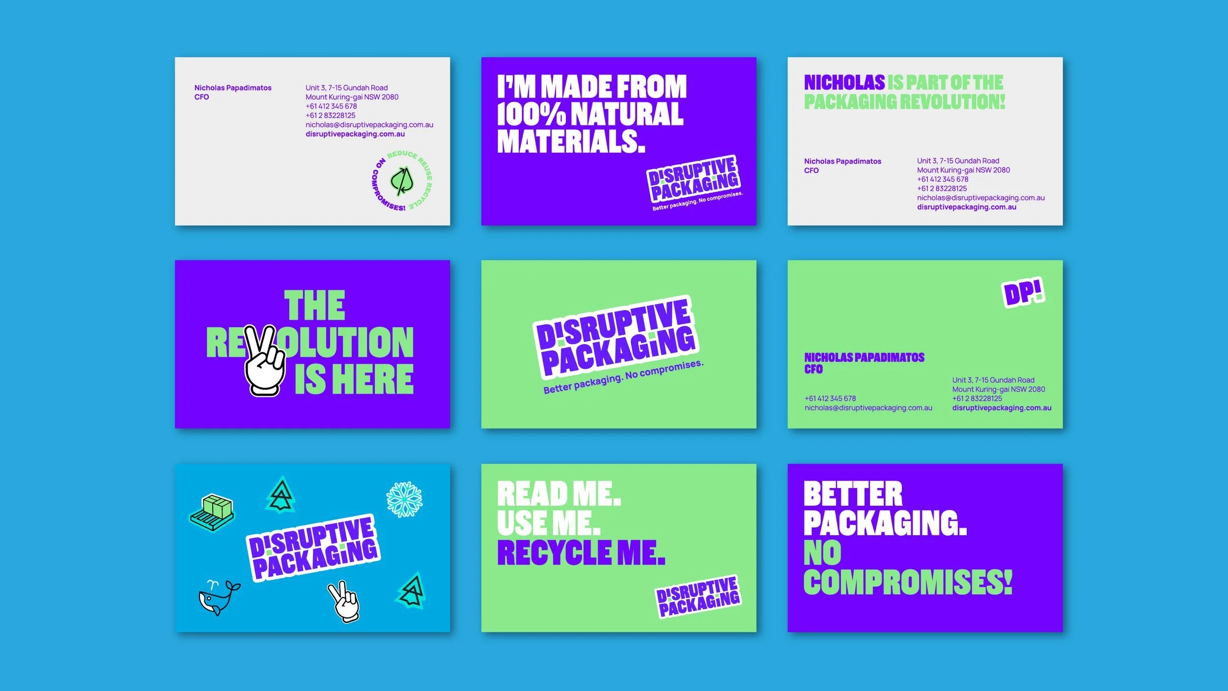 Snippet of Disruptive Packaging brand guidelines arranged in flatlay