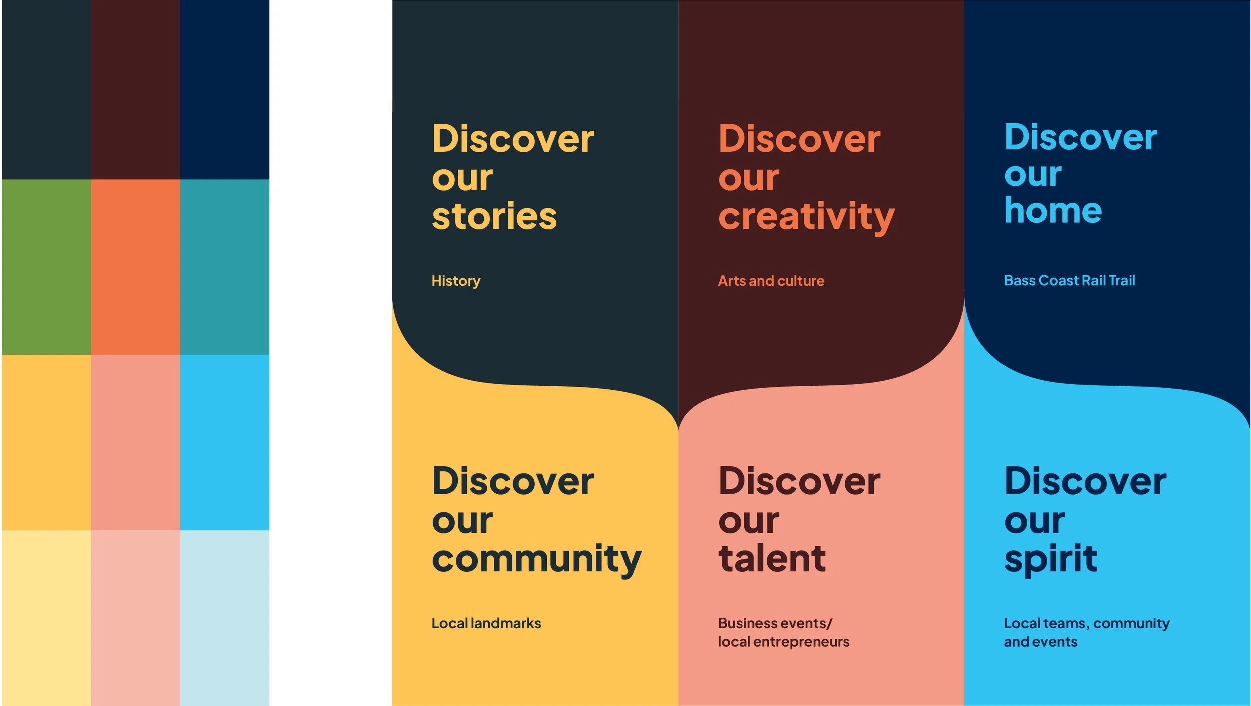 brand colour palette next to three banners calling visitors to discover Wonthaggi's stories and community, creativity and talent, home and spirit