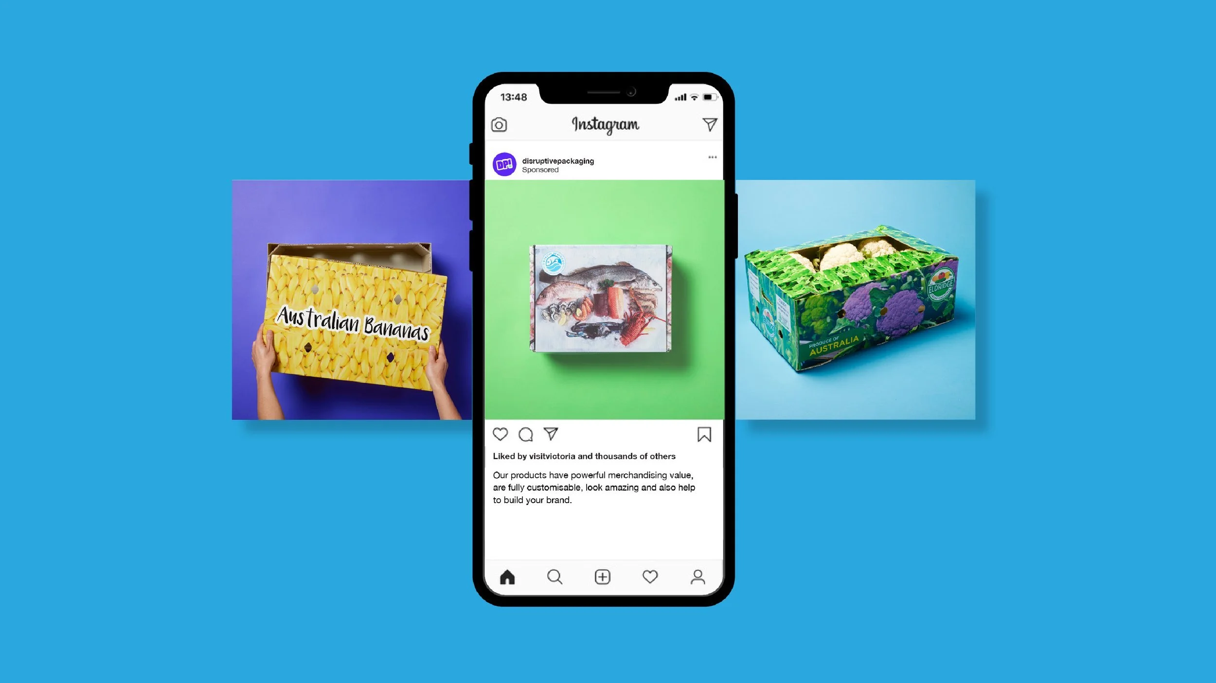 Carousel ad of unicor packaging for bananas, fish and cauliflower