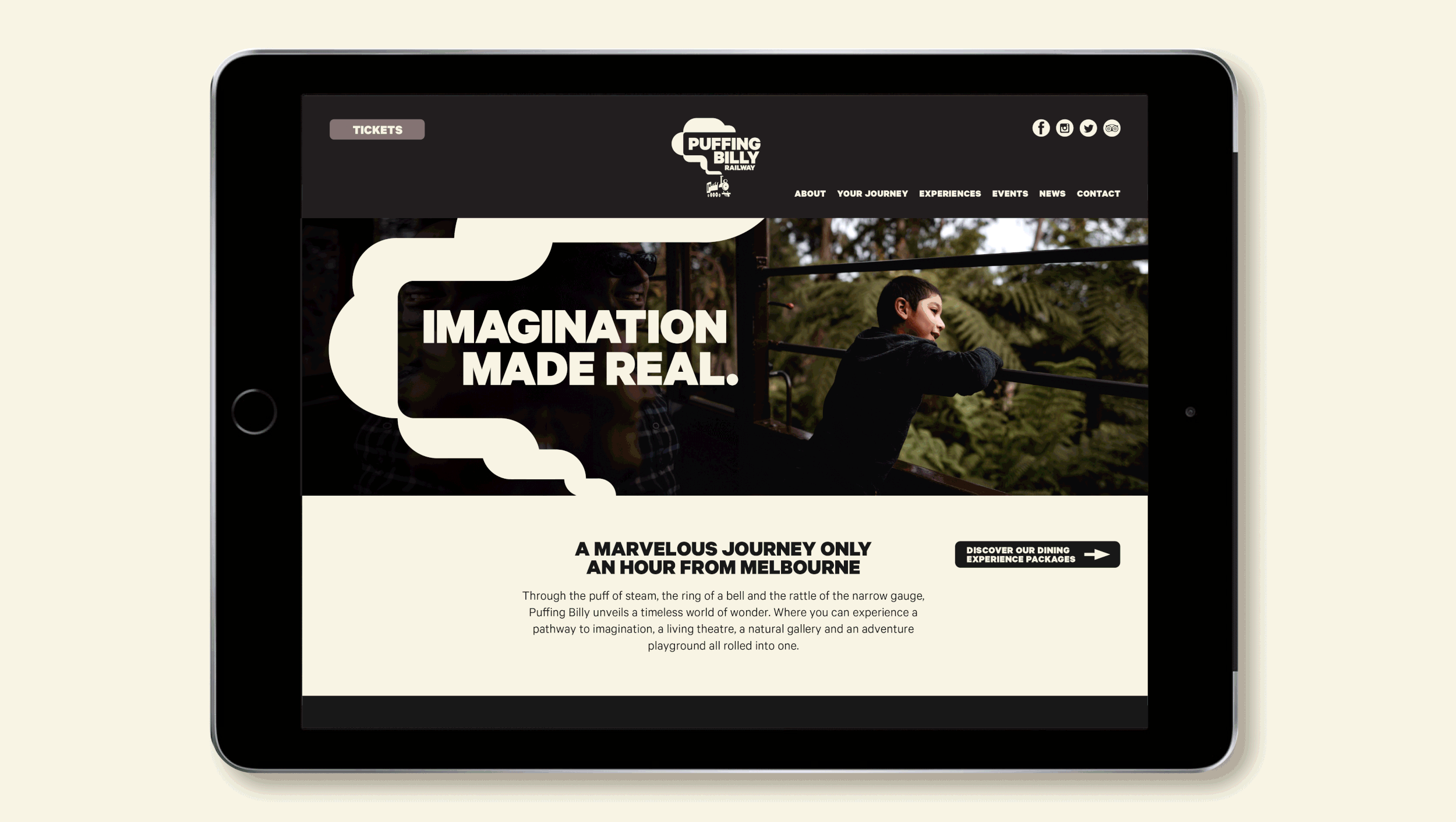 Animated design of Puffing Billy railway websute showing home page and package option details