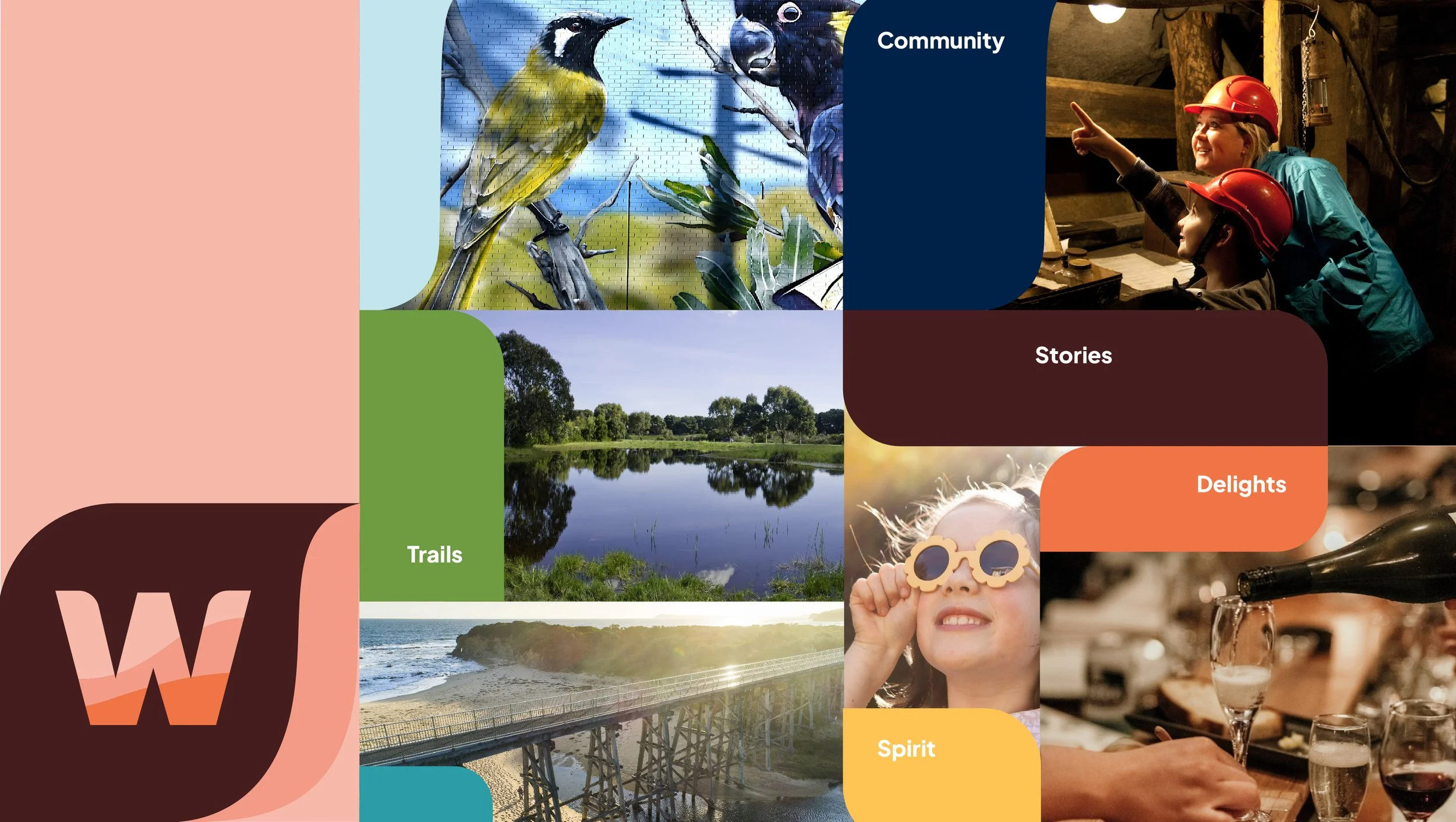 Brand pillars community, stories, trails, delights and spirit surrounded by brand colour palette and storytelling photography