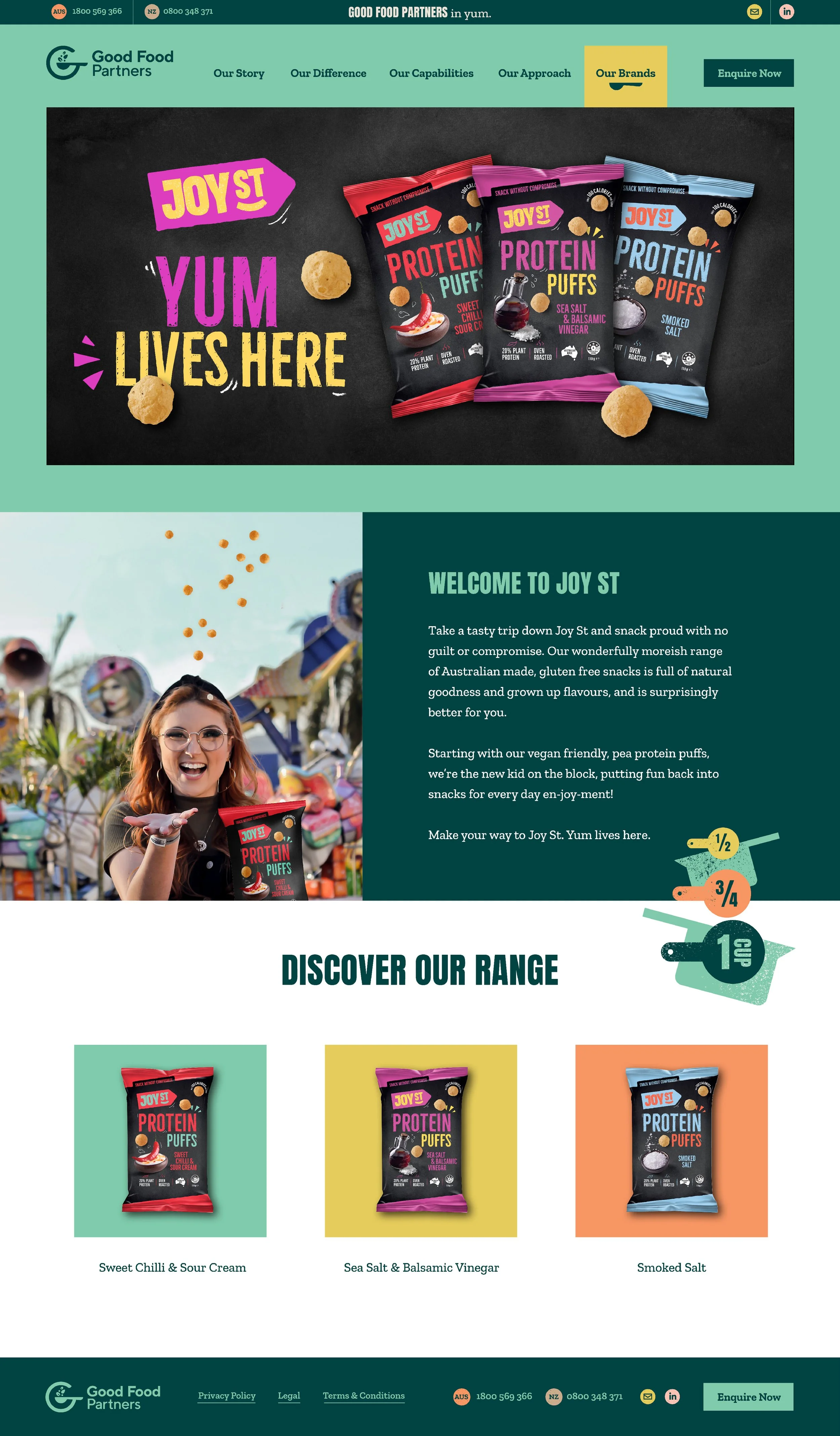 Joy St webpage design featuring three packets of protein puffs over chalkboard background next to text that says "yum lives here"