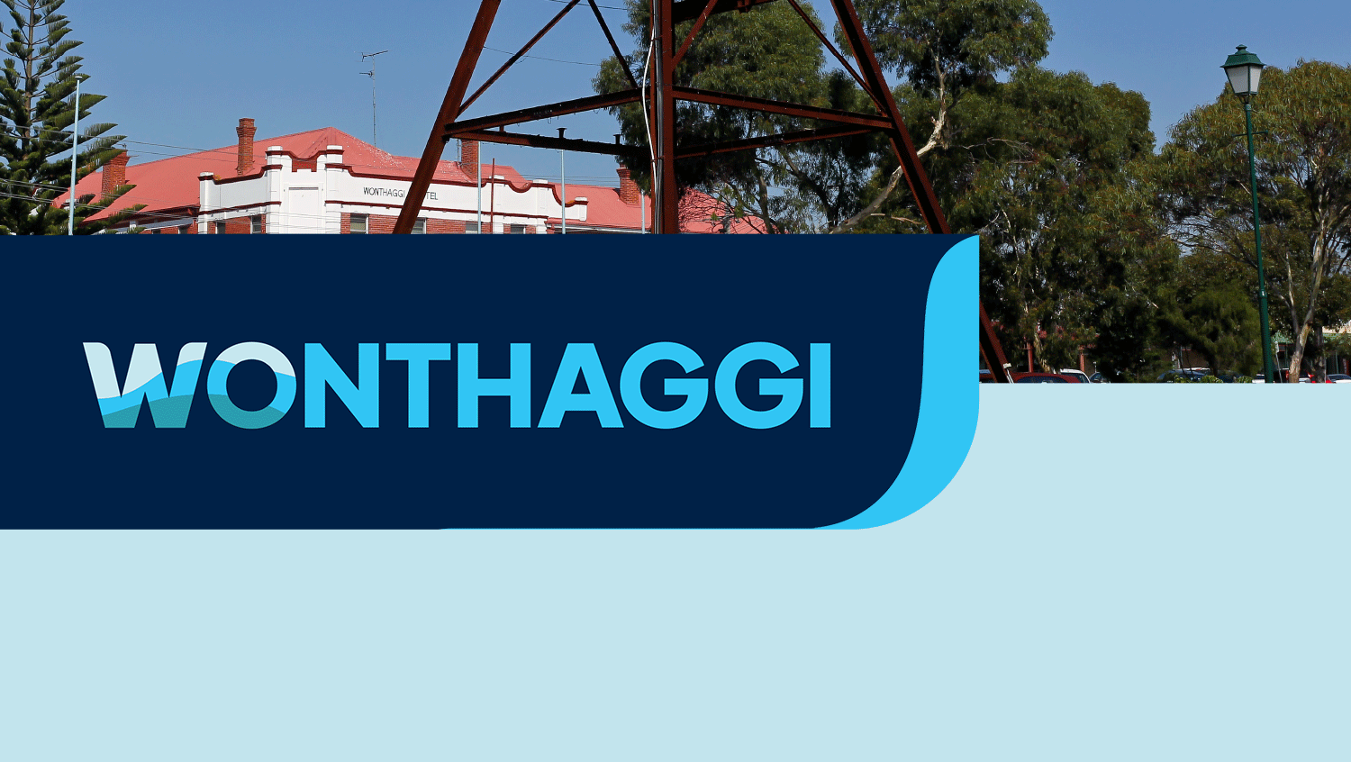 Animated Wonthaggi logo, with tagline discover our secrets sliding out from behind wave-shaped bar containing town name