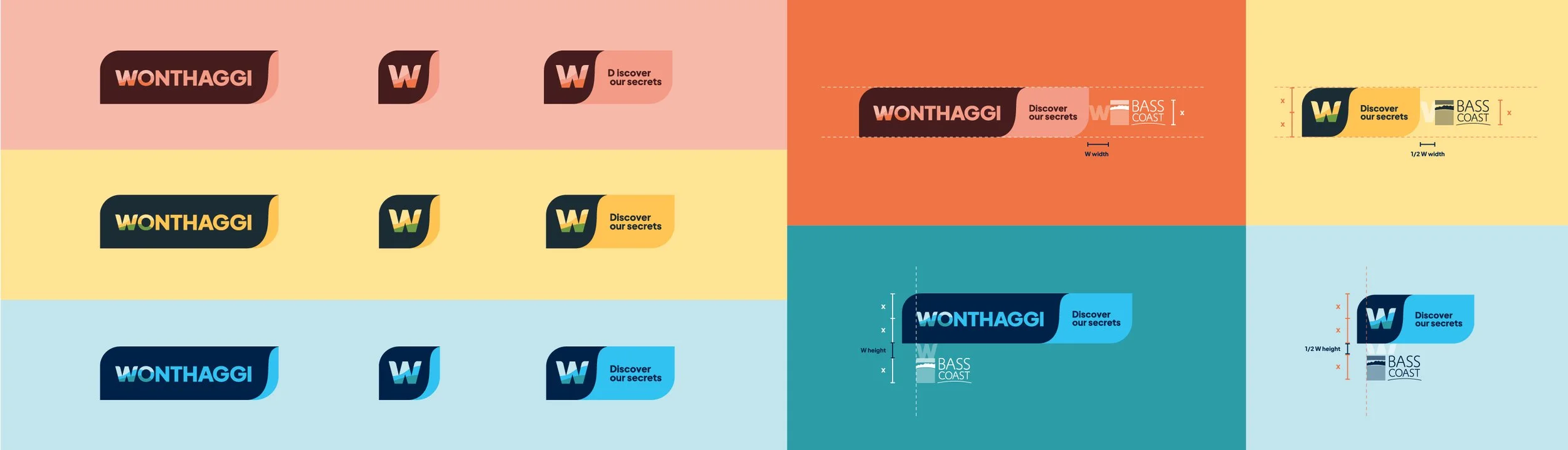 Suite of Wonthaggi logo variations and W icon variations shown in partnership lockup with Bass Coast Council logo