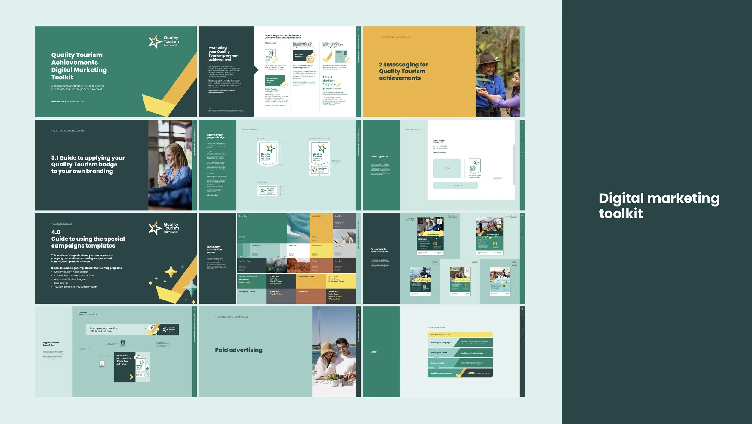 Example pages from the digital marketing toolkit for Quality Tourism Achievements. This includes showing guidance on how to use QTF badge assets in a businesses own branding, campaign design templates, and paid advertising guidance.