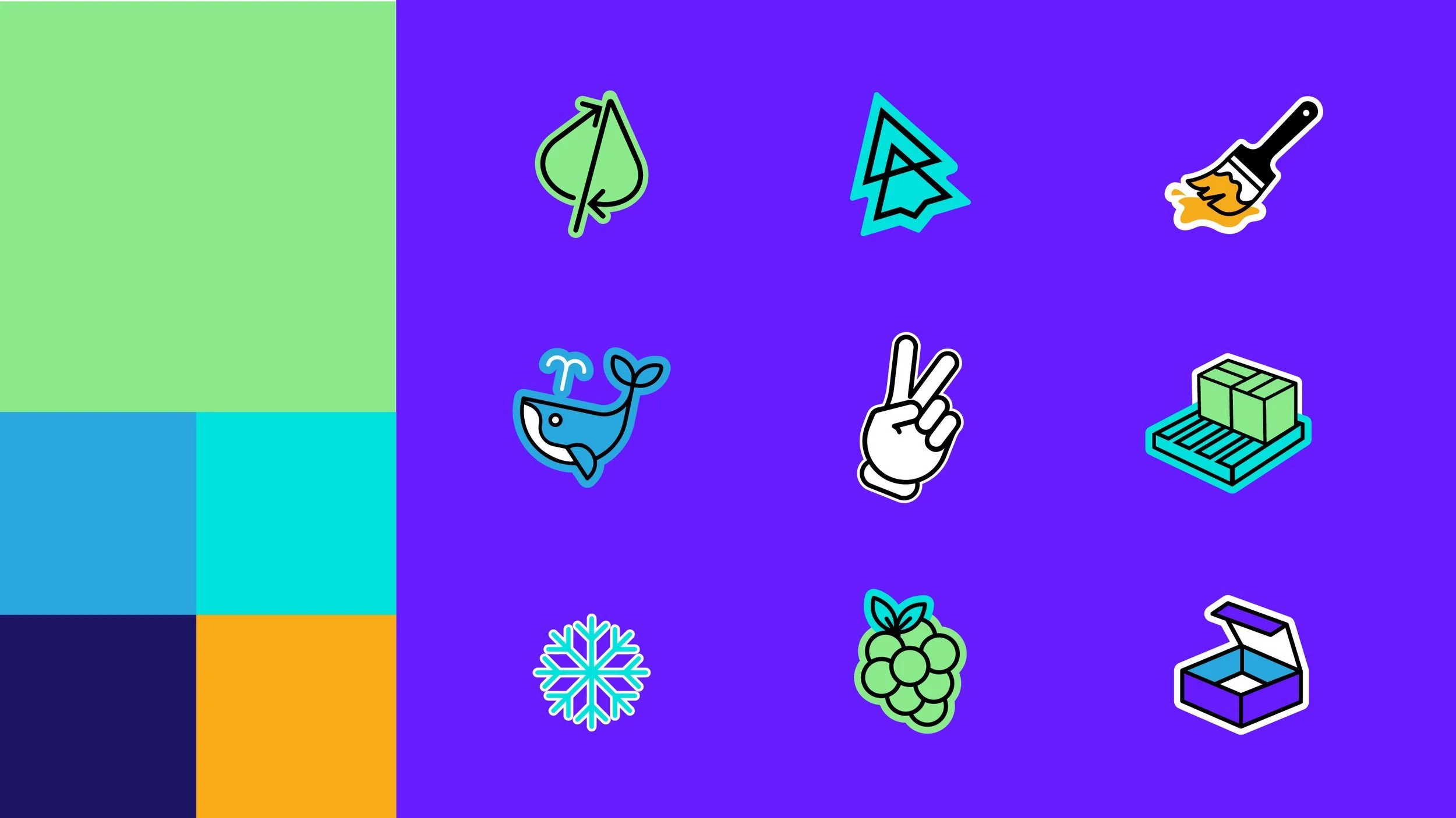 Bold fluoro brand colour palette and suite of icons, including leaf recycle, whale, peace hand, grapes, snowflake, paintbrush, packaging, pine tree make of intersecting arrows