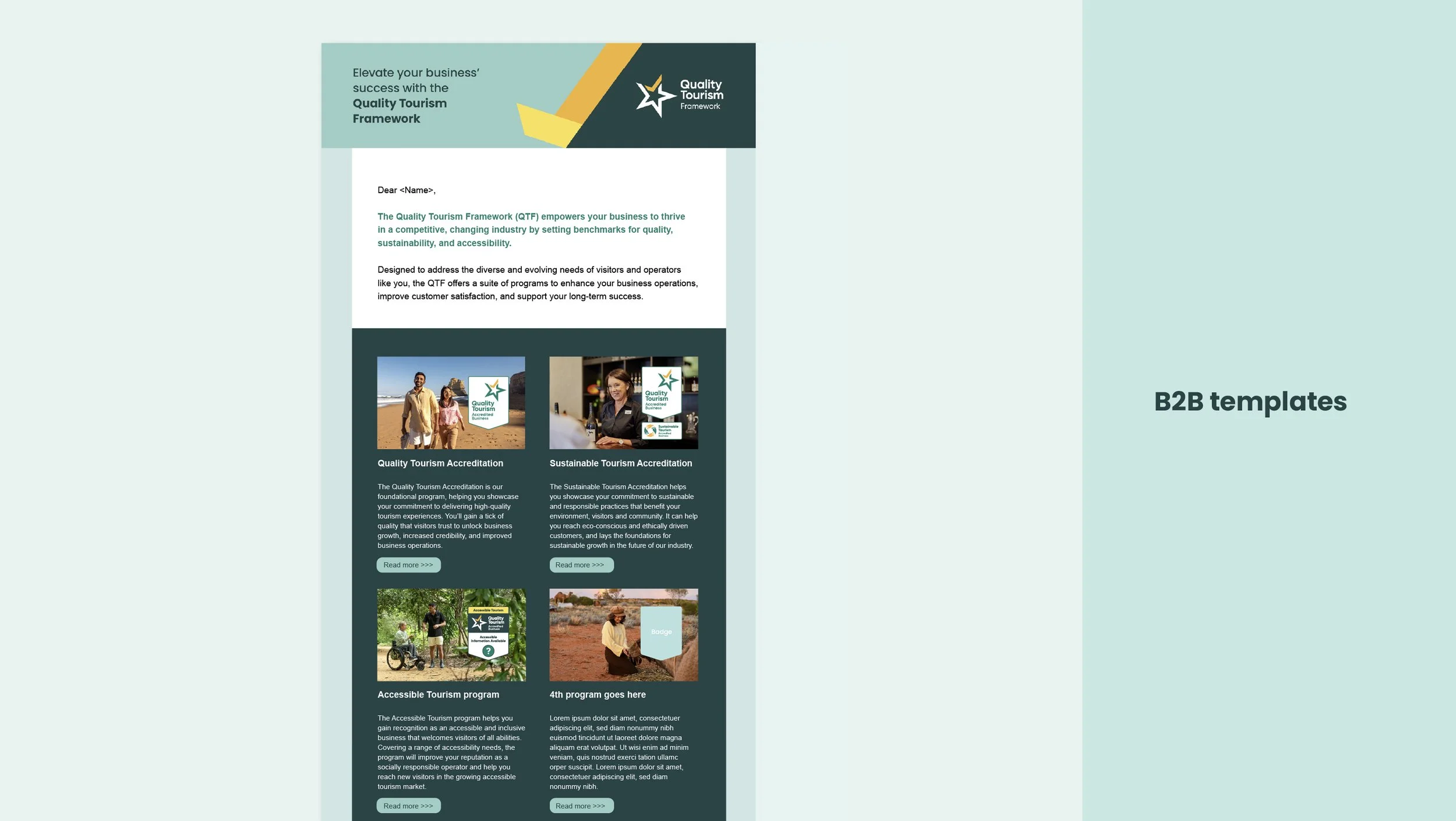 An example Business to business EDM template for the Australian Tourism Industry Council to promote the benefits of different types of accreditation to tourism businesses.