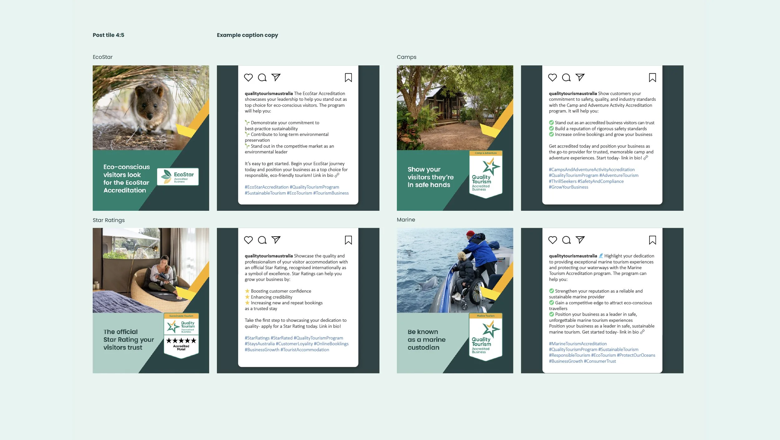 A series of social media post image tiles and caption copywriting is shown, to demonstrate how businesses can visually and verbally promote their QTF accreditations. The examples show the EcoStar, Camps, Star Ratings and Marine accreditation examples
