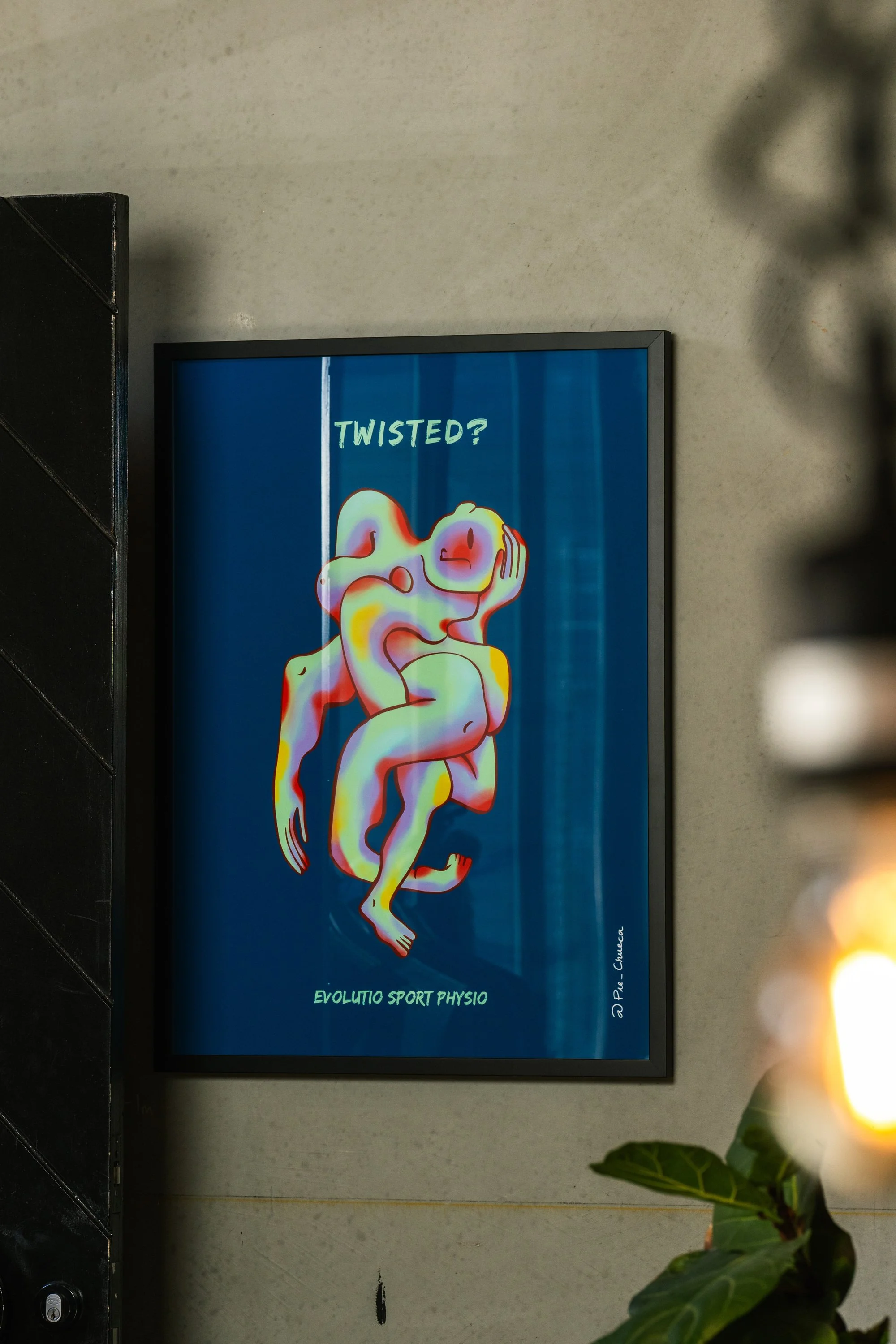 Colorful digital artwork of a human-like figure intertwined with a snake, with the word "TWISTED?" at the top and the text "EVOLUTIO SPORT PHYSIO" at the bottom.