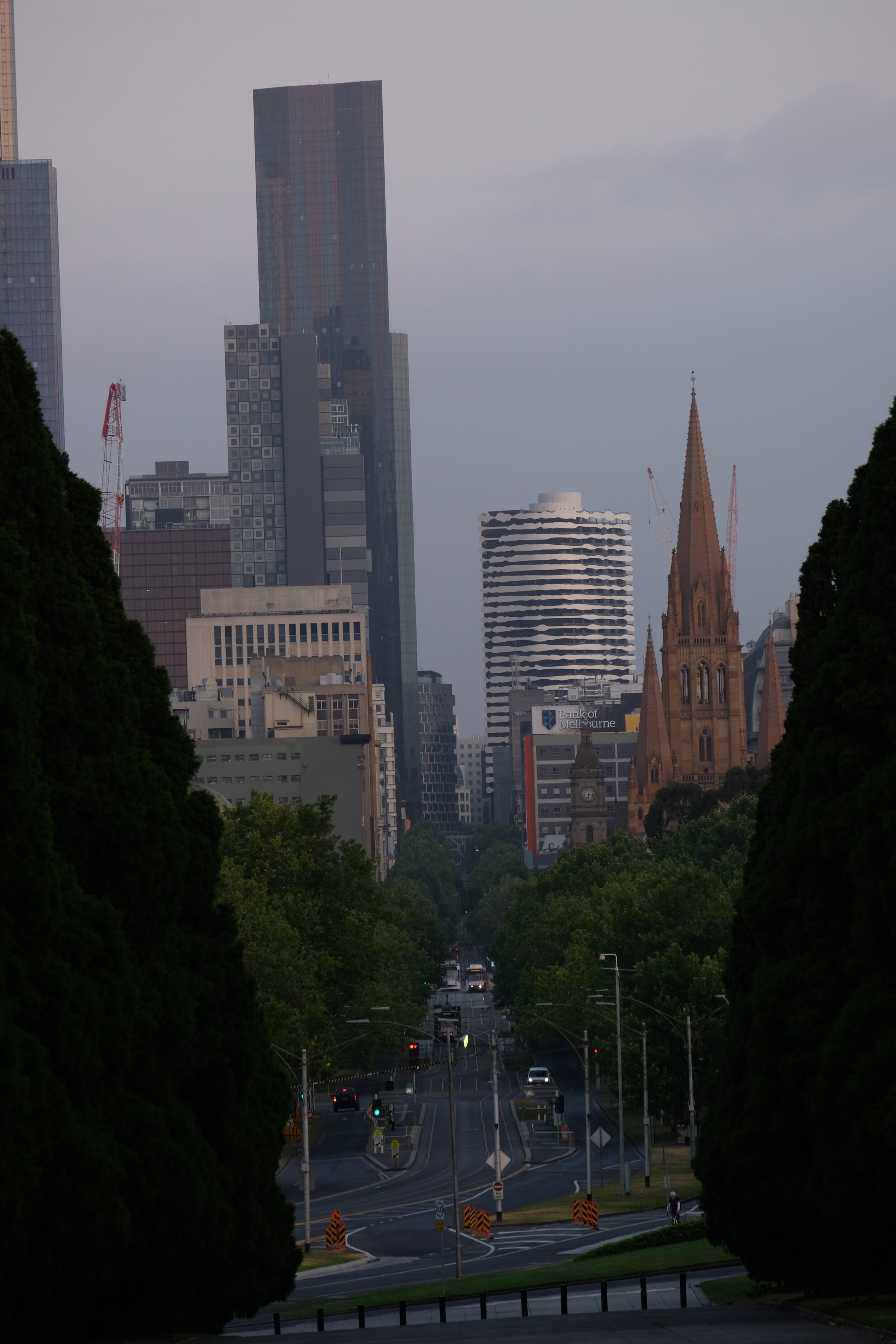 Looking up Swanston St to Swanston Sq building, Melbourne