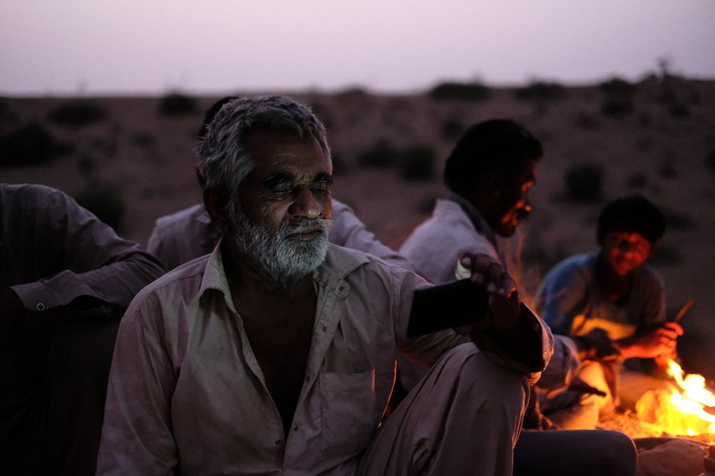 Camel driver watching videos in the Thar Desert