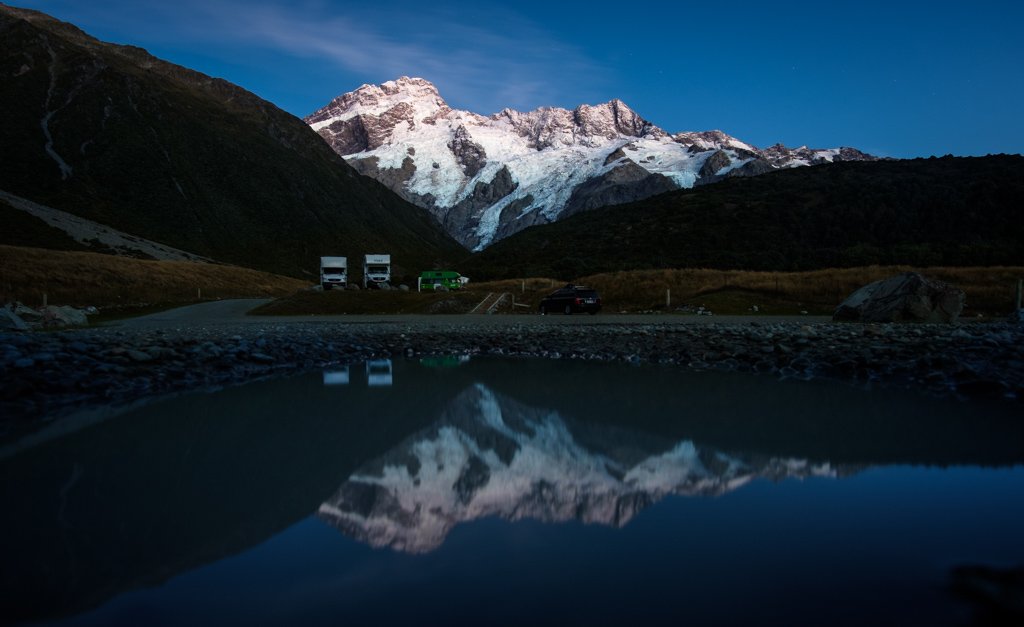 Mt Sefton and friends reflecting in a small lake in the camp