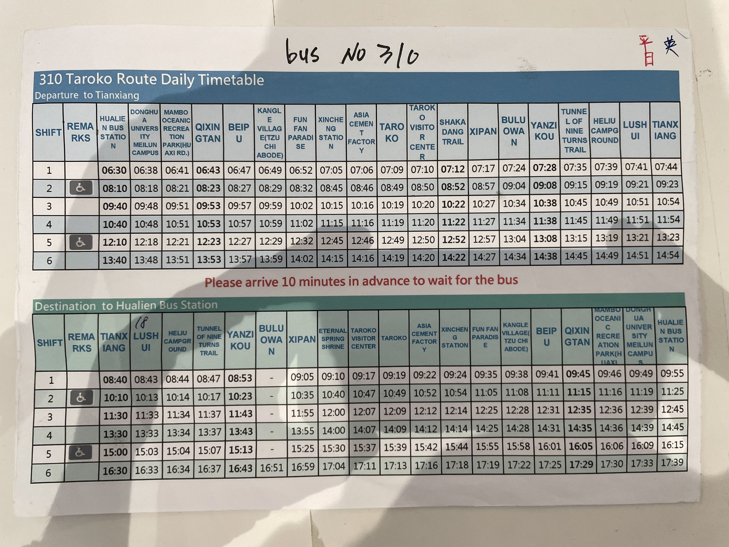 Ubus 310 timetable for Taroko Gorge