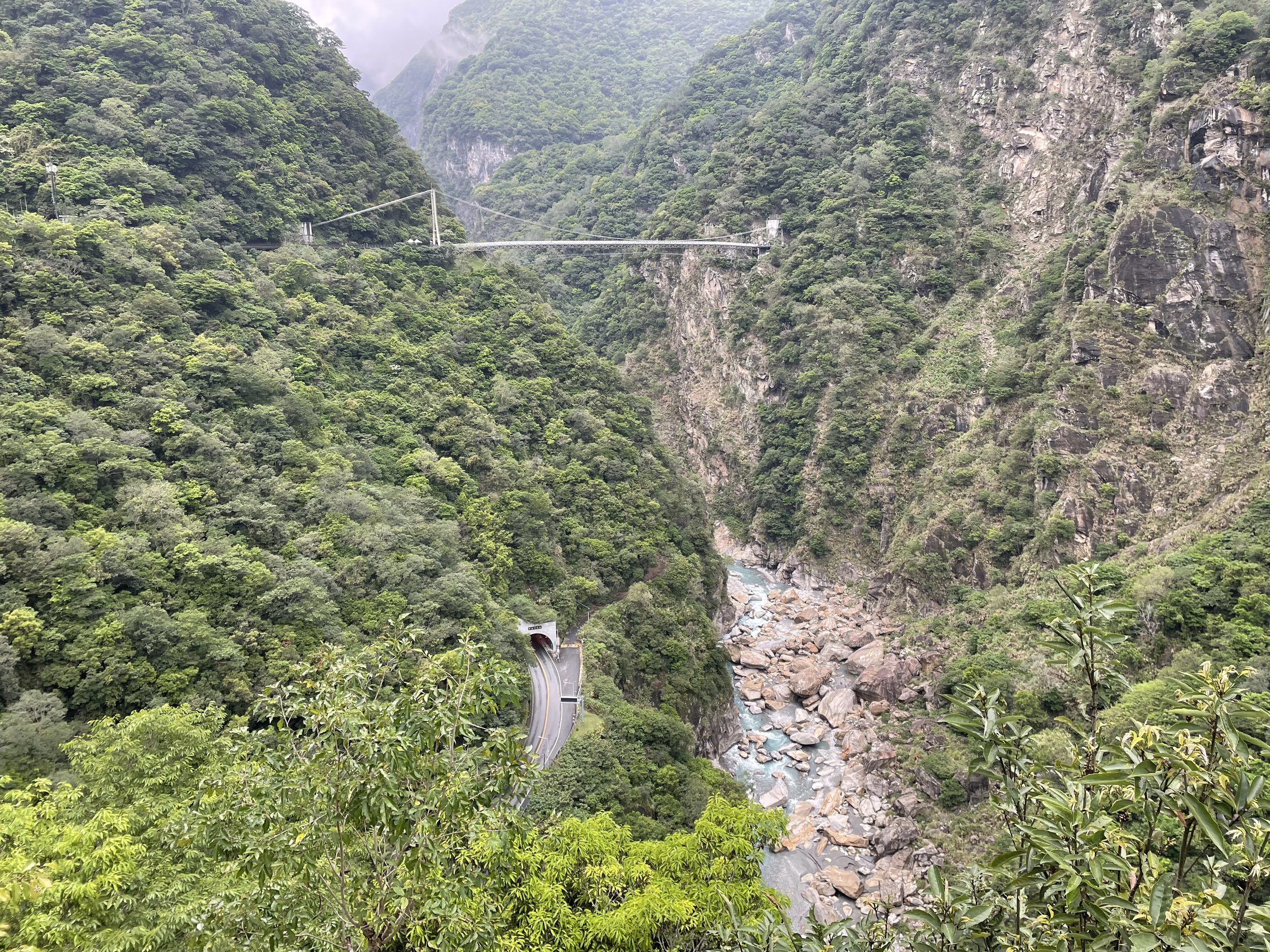 View of the Suspension Bridge and road below from the lower viewpoint, Buluowan Terrace, Taroko Gorge