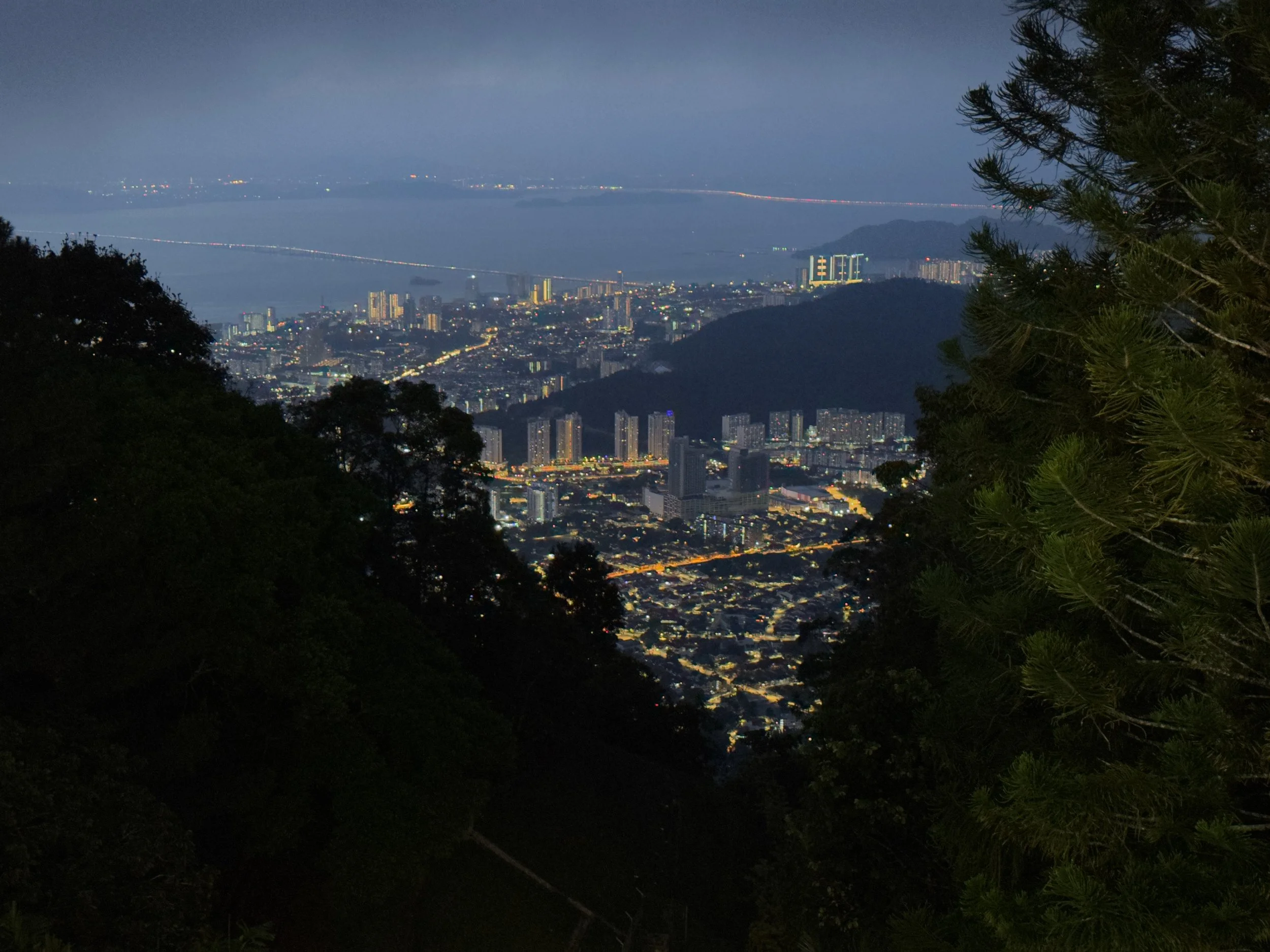 View from Penang Hill in the predawn light, looking south to the 2 road bridges