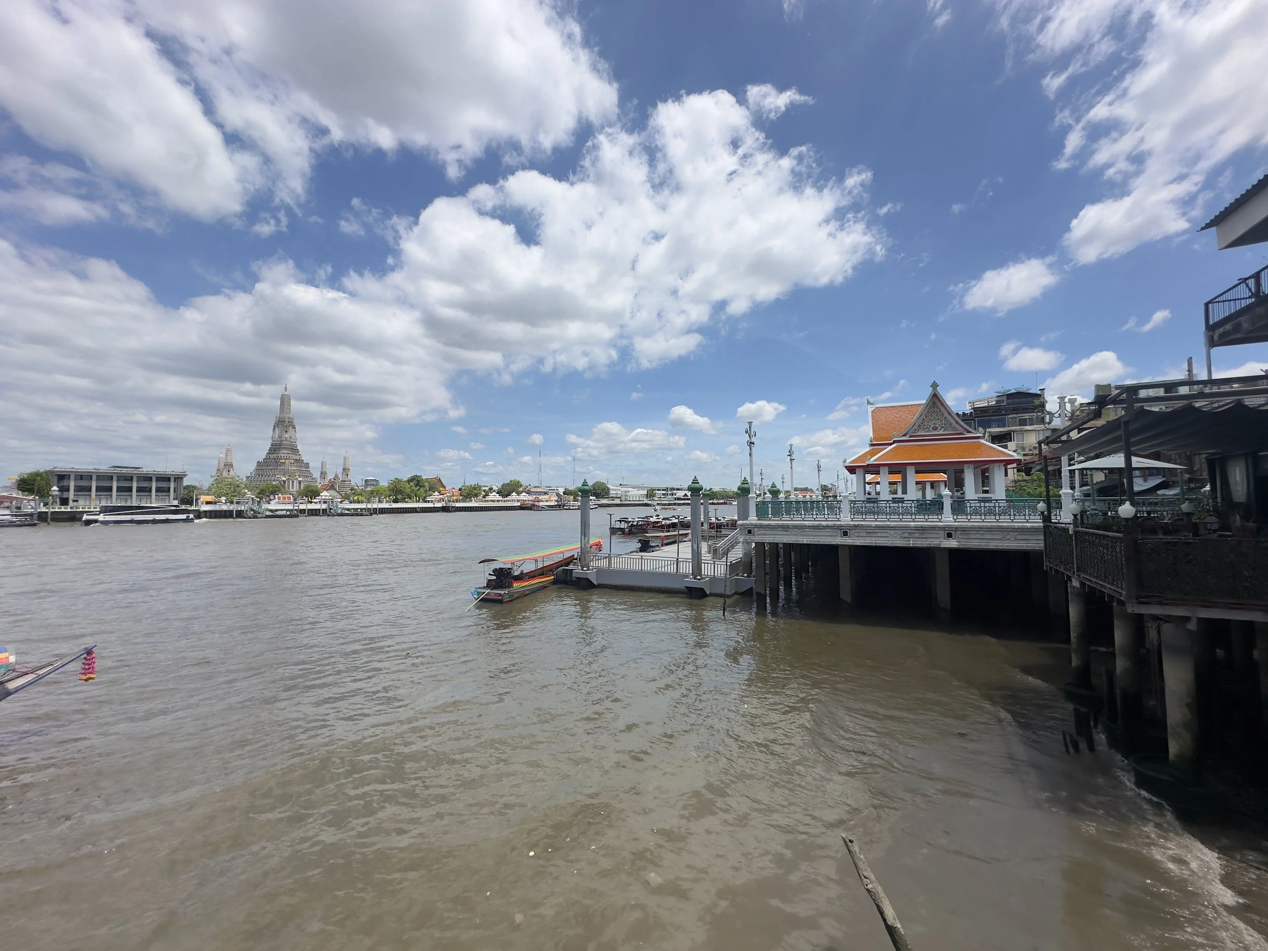 Chao Phraya River with Wat Pho jetty and Wat Arun