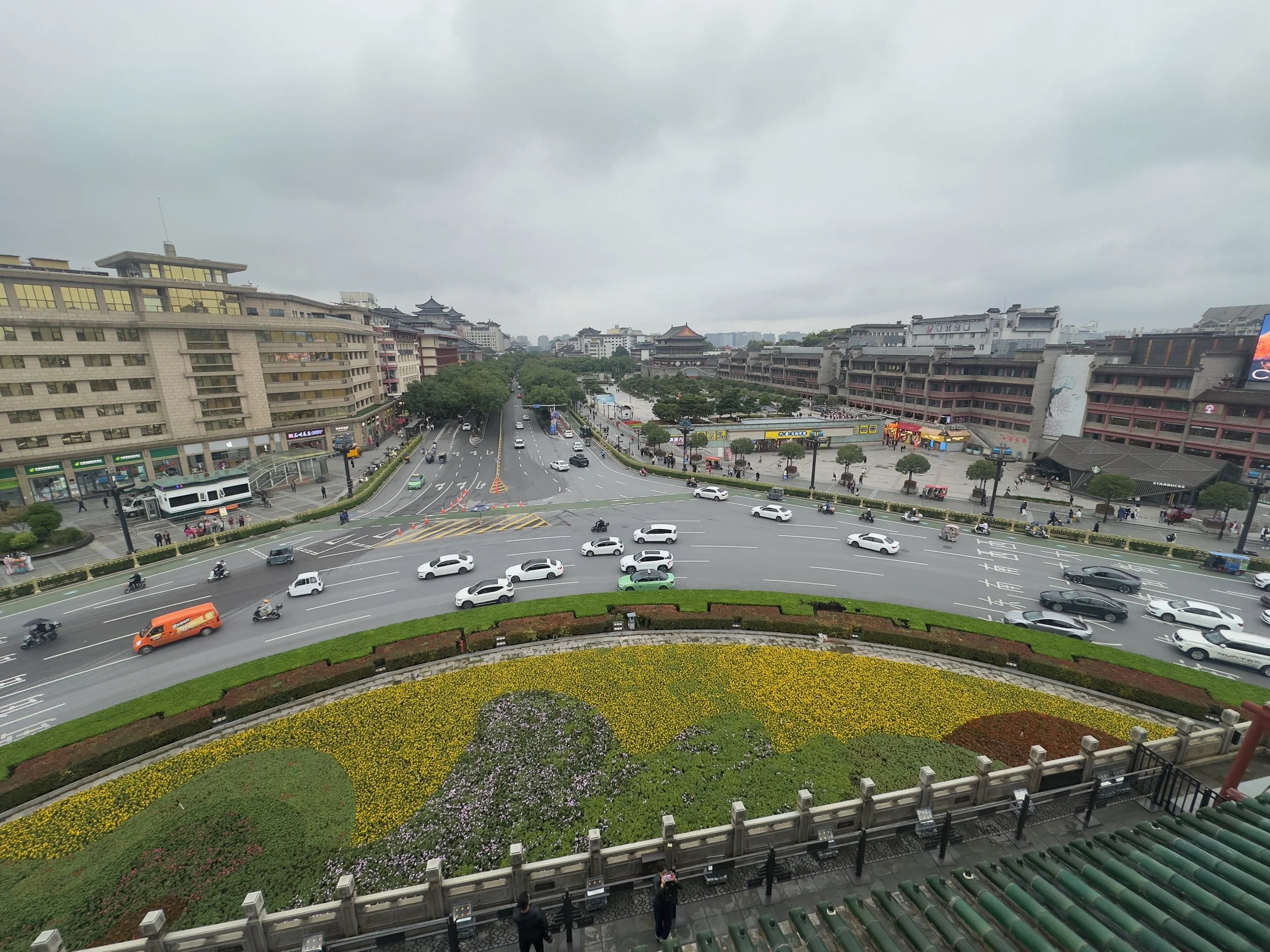 View looking west along Xida Street from the Bell Tower, hotel on the left, Drum Tower on the right