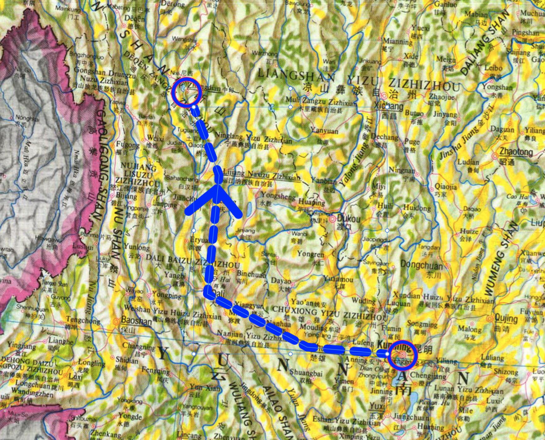 Our route from Kunming to Shanghai-la