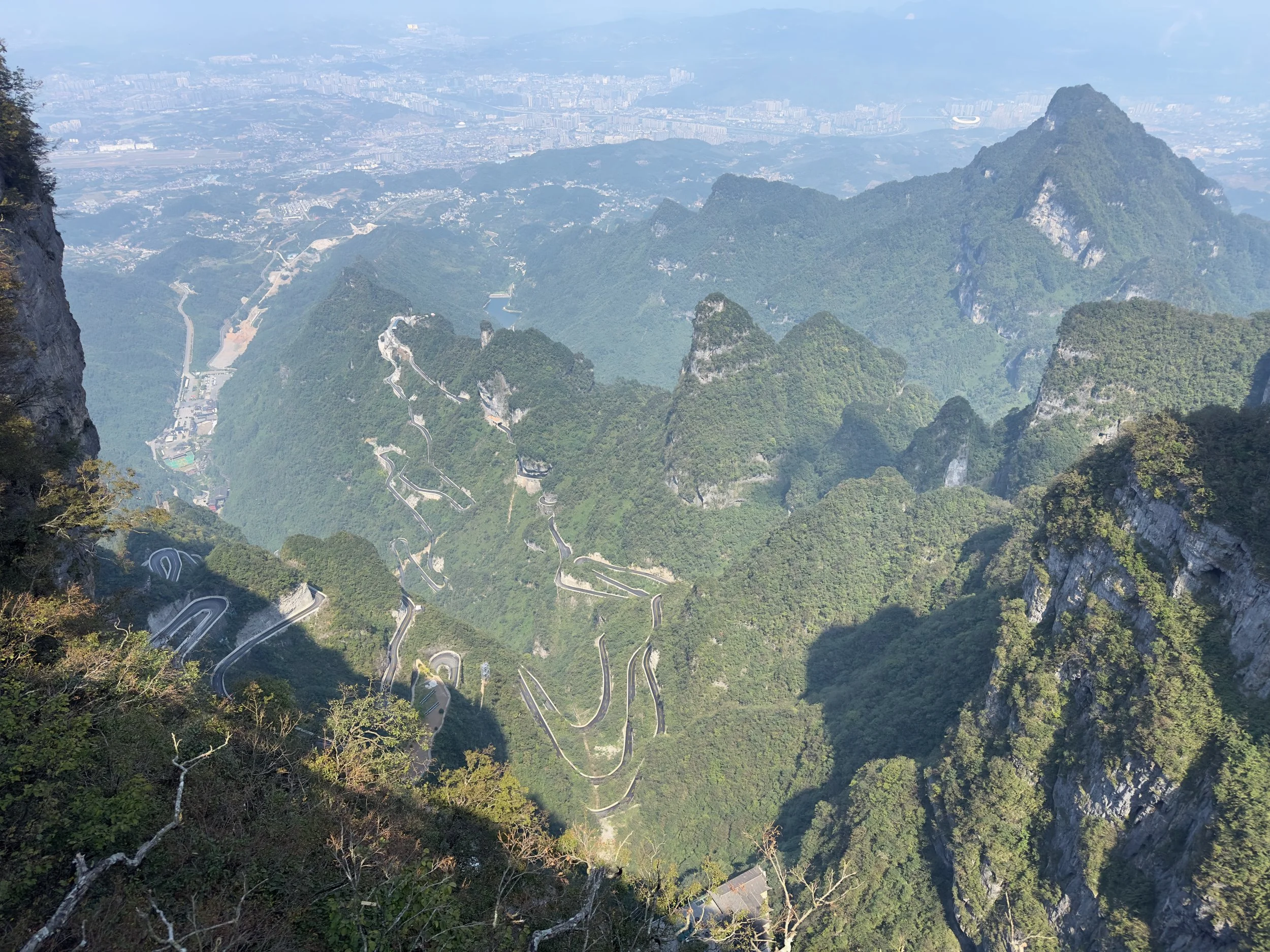 Looking north; Tianmen Mountain Access Rd and Zhangjiajie in the distance