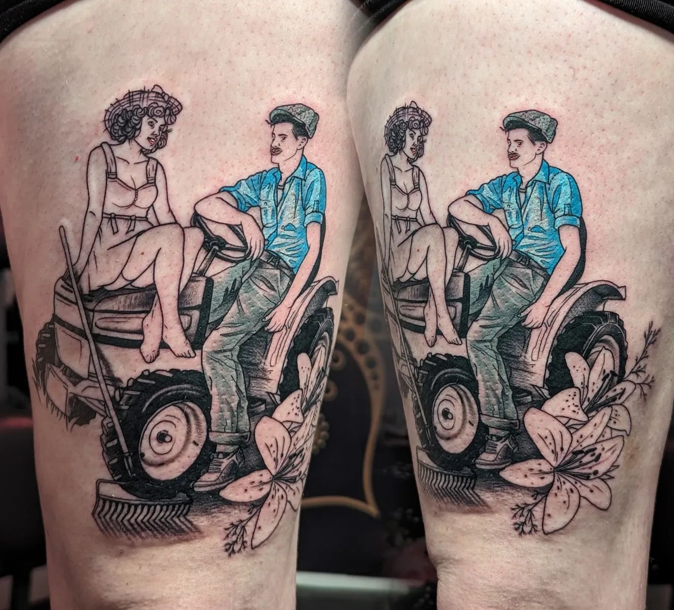 Good start to this piece today. Pinup style resembling her grandma and grandpa. @pepax.official @radiantcolorsink @allegoryink @ttechofficial @masttattoo.official @dragonhawkofficial @biotat_ @tattooproton @mapletattoosupply @eikondevice