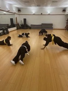 Youth Kung Fu students enjoy smiling sweating and learning Kung Fu while having fun.