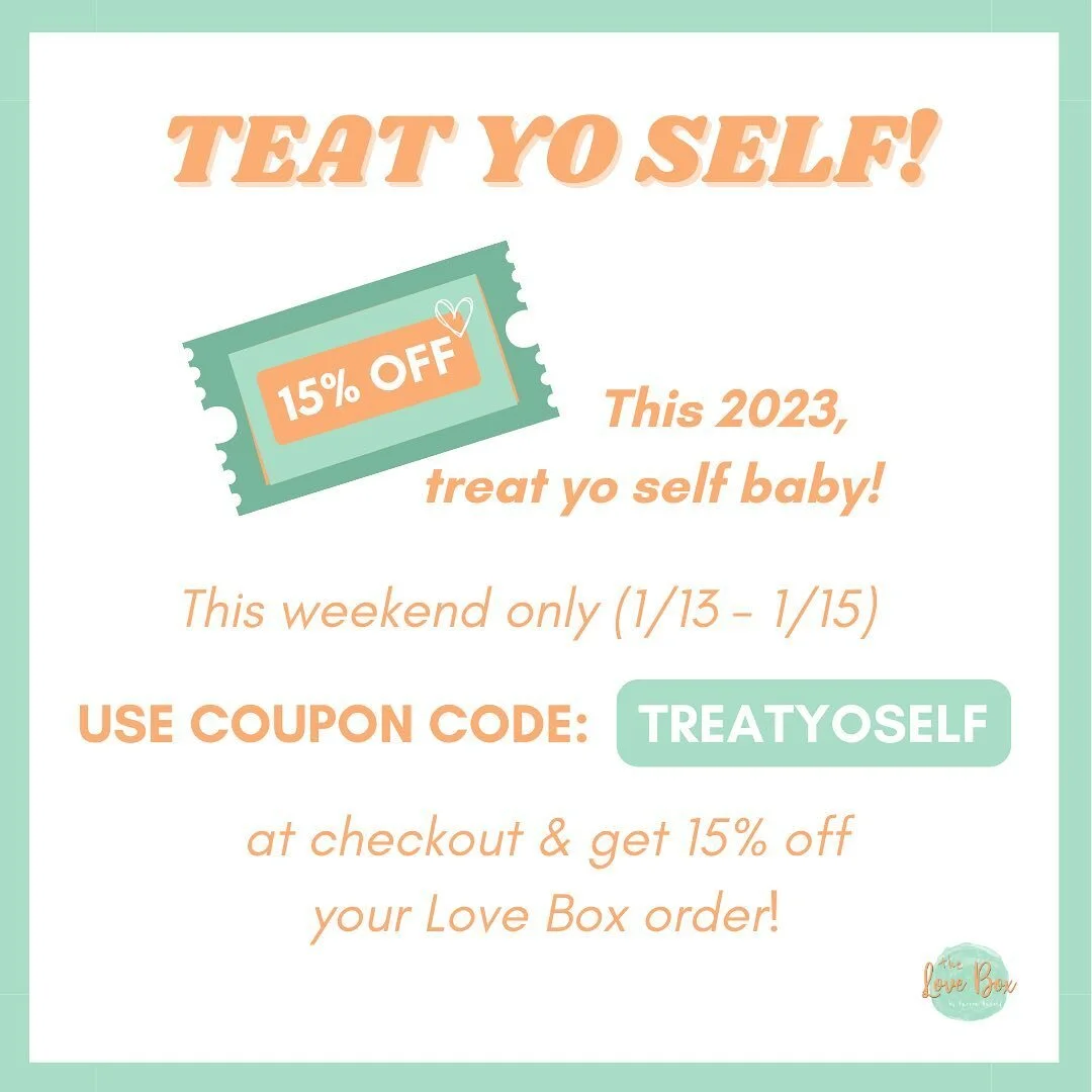 ❣️STARTING TODAY! Use coupon code TREATYOSELF to treat yourself to a little love in a box! Get 15% off your Love Box order❣️

This coupon code is valid from today, Friday 1/13 until Sunday 1/15 at 11:59pm, on www.farronsview.com 

#getthelovebox #the