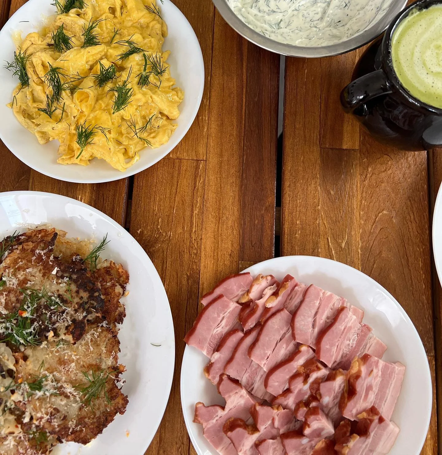 Wake me up with buttered radish, crispy potato pancakes and crispy dill sauce every morning.