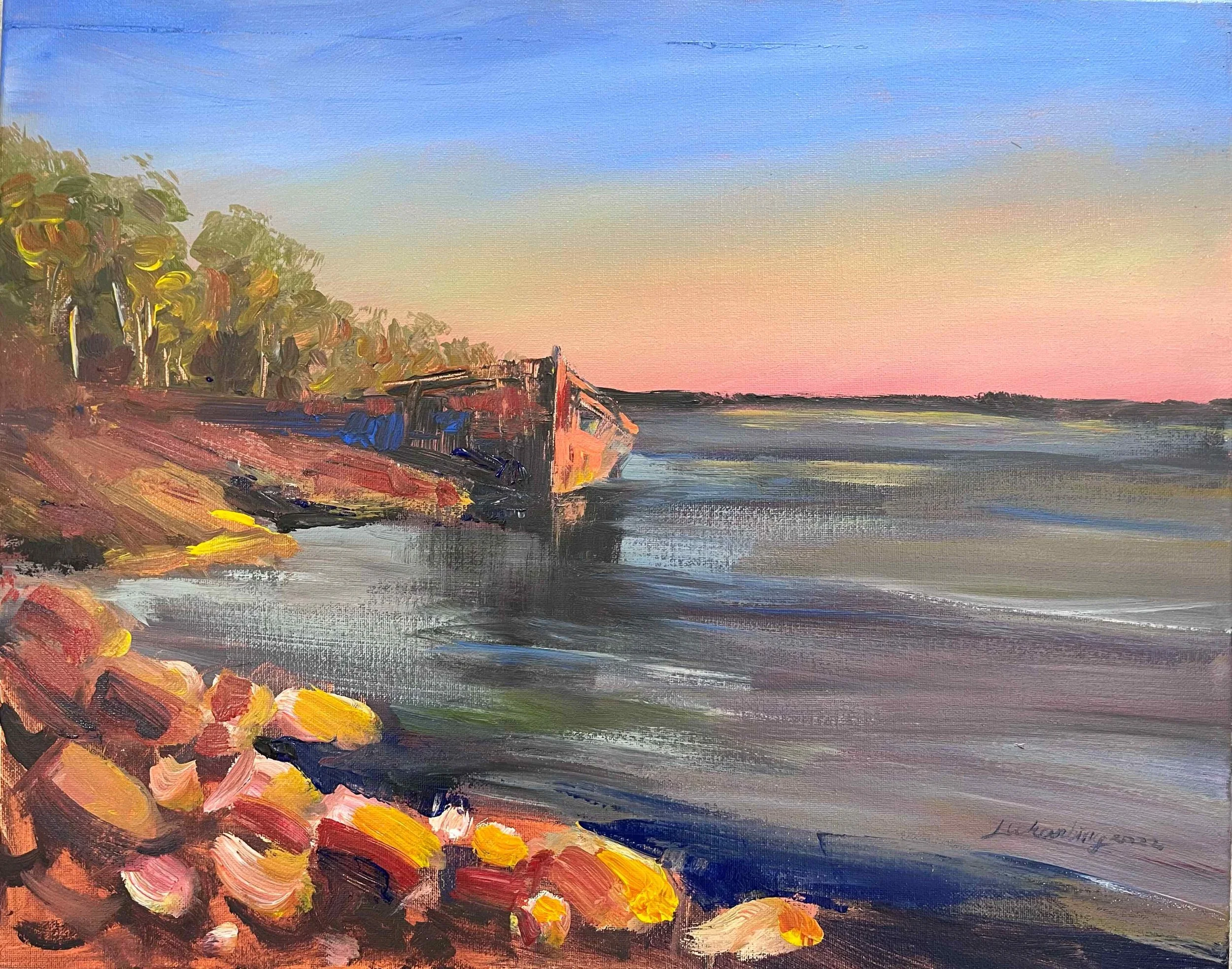 Impressionist painting of a river landscape at sunset with trees, rocks, and a partially submerged shipwreck. The sky has warm pink and blue hues.