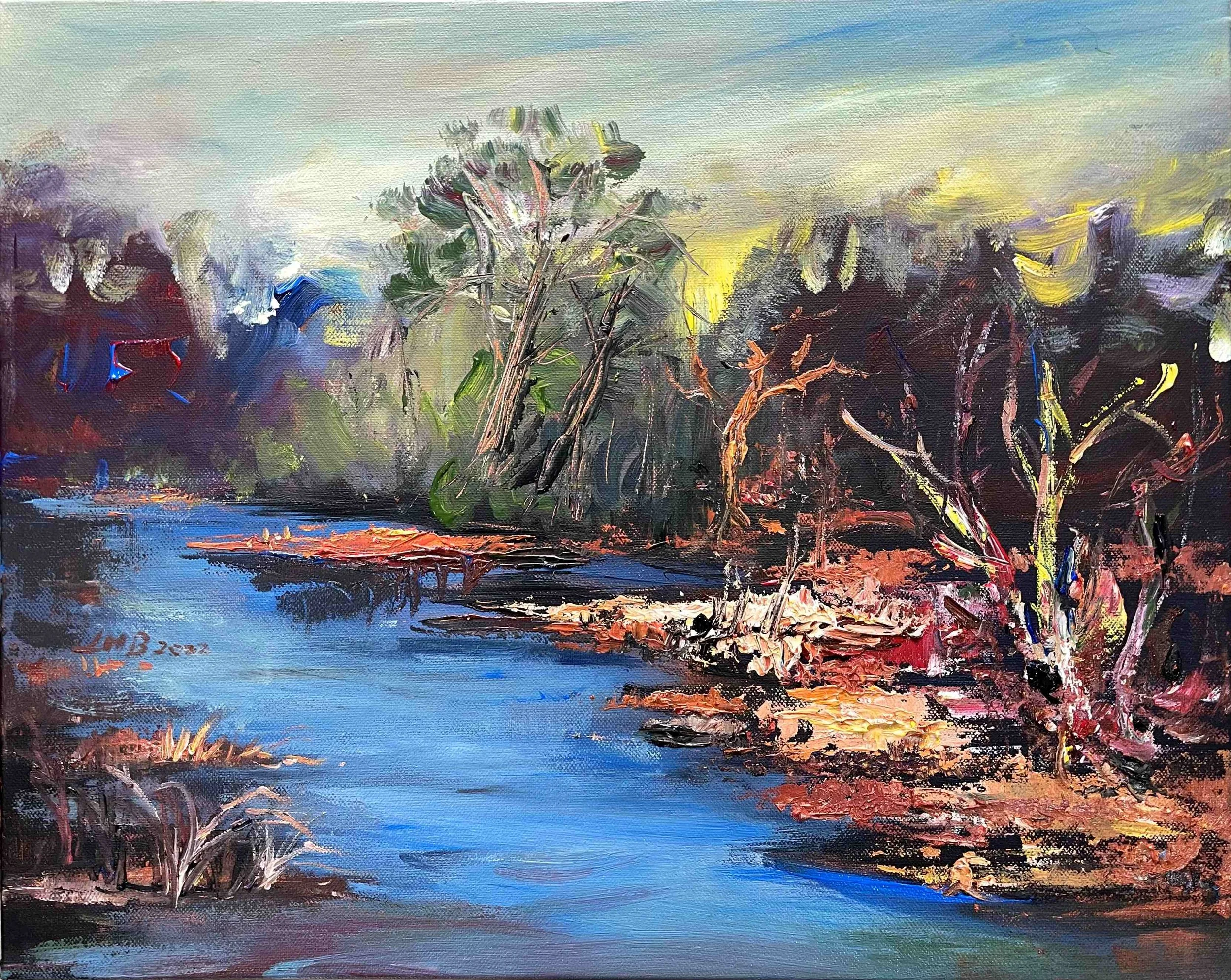 Impressionist painting of a landscape with trees, a river, and a colorful sky.