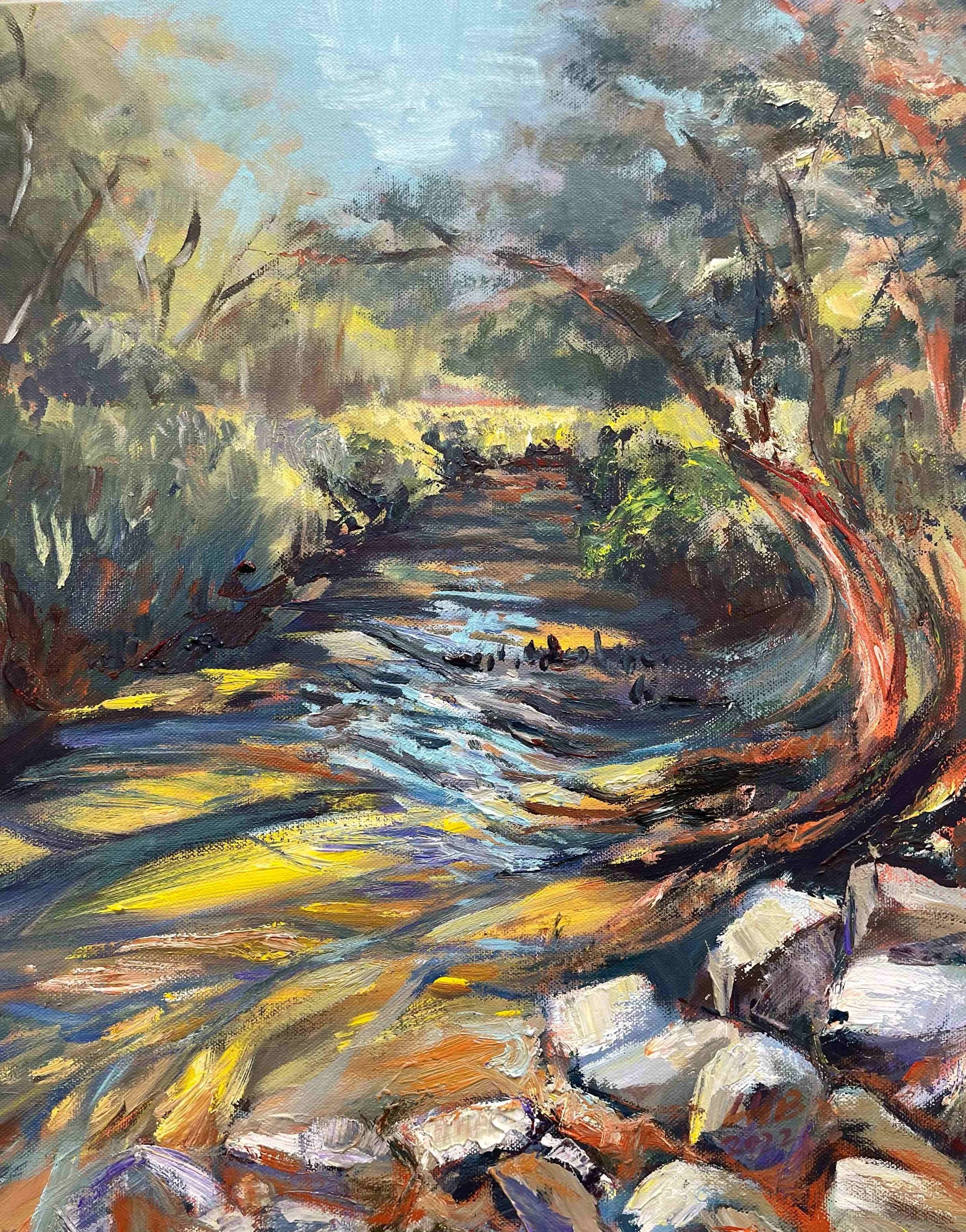 Impressionistic painting of a stream surrounded by trees and rocks