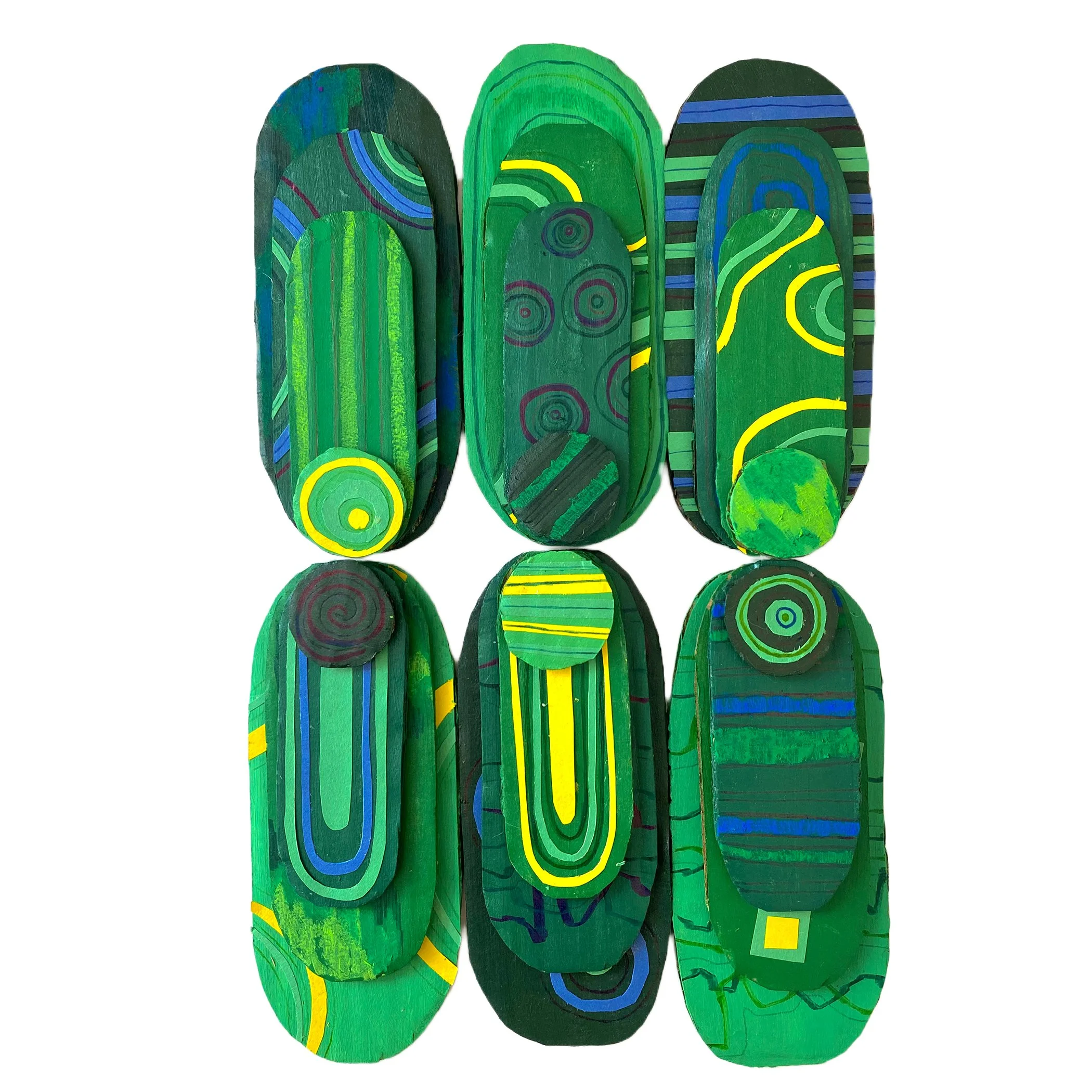 acrylic, oil pastel, marker, ballpoint pen, and construction paper on cardboard, 8" x 12", 2021