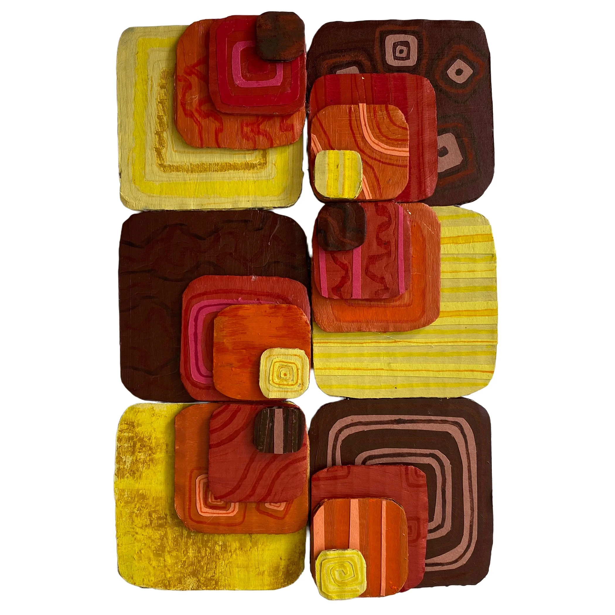 acrylic, oil pastel, marker, ballpoint pen, and construction paper on cardboard, 6" x 9", 2021