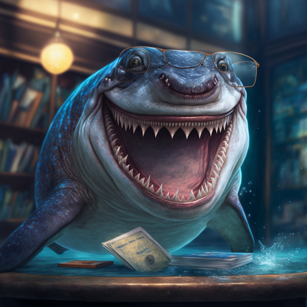 A cartoon shark wearing glasses, standing in a library with a wide, open-mouthed smile, with money, papers, and a wallet on the table in front of it.