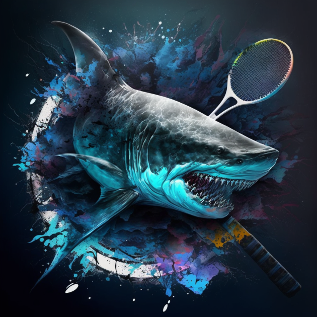 A shark with a tennis racket in its mouth amidst colorful splashes of paint.