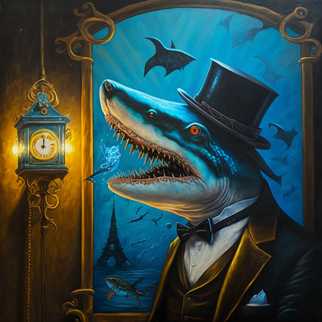 A painting of an anthropomorphic shark with a human body in formal attire, wearing a top hat and bow tie, standing in front of a window with a view of the Eiffel Tower, with sharks swimming in the background.