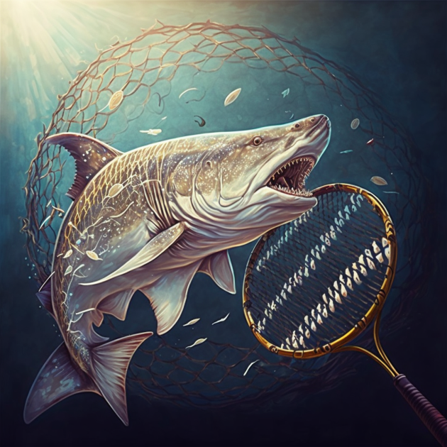 A giant fish caught in a net underwater, with a fishing or landing net in its mouth, surrounded by smaller fish.