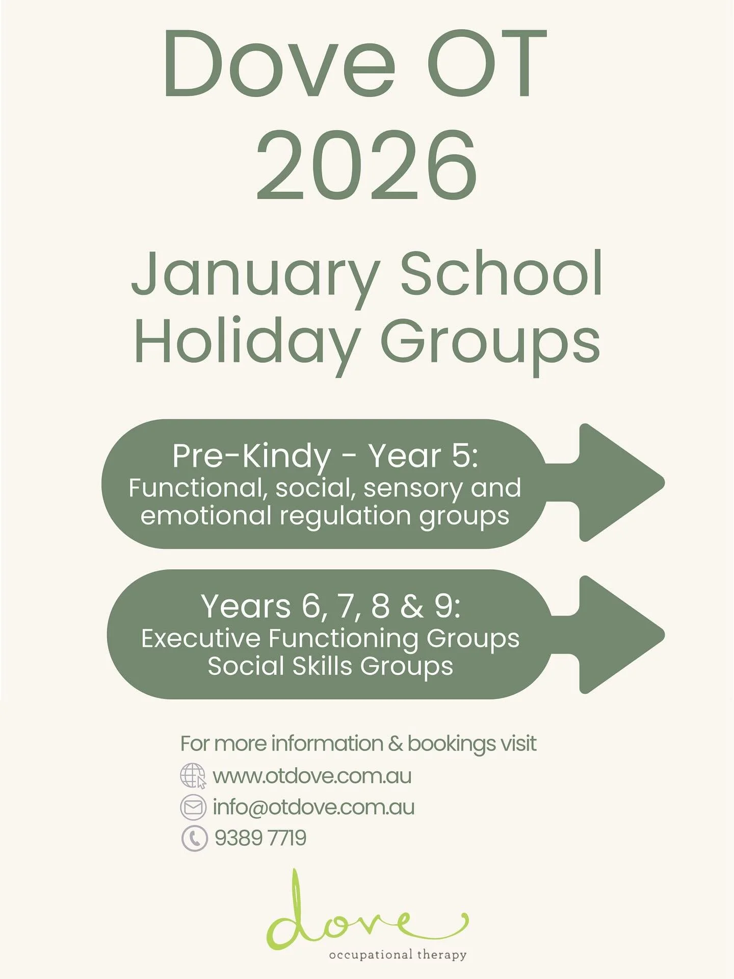 Swipe &mdash;> to see our January school holiday groups. We have plenty of fun themes, targeting a wide range of goals for children aged from pre primary through to year 9! We hope to see you there!✨
For more information and bookings call us on 93