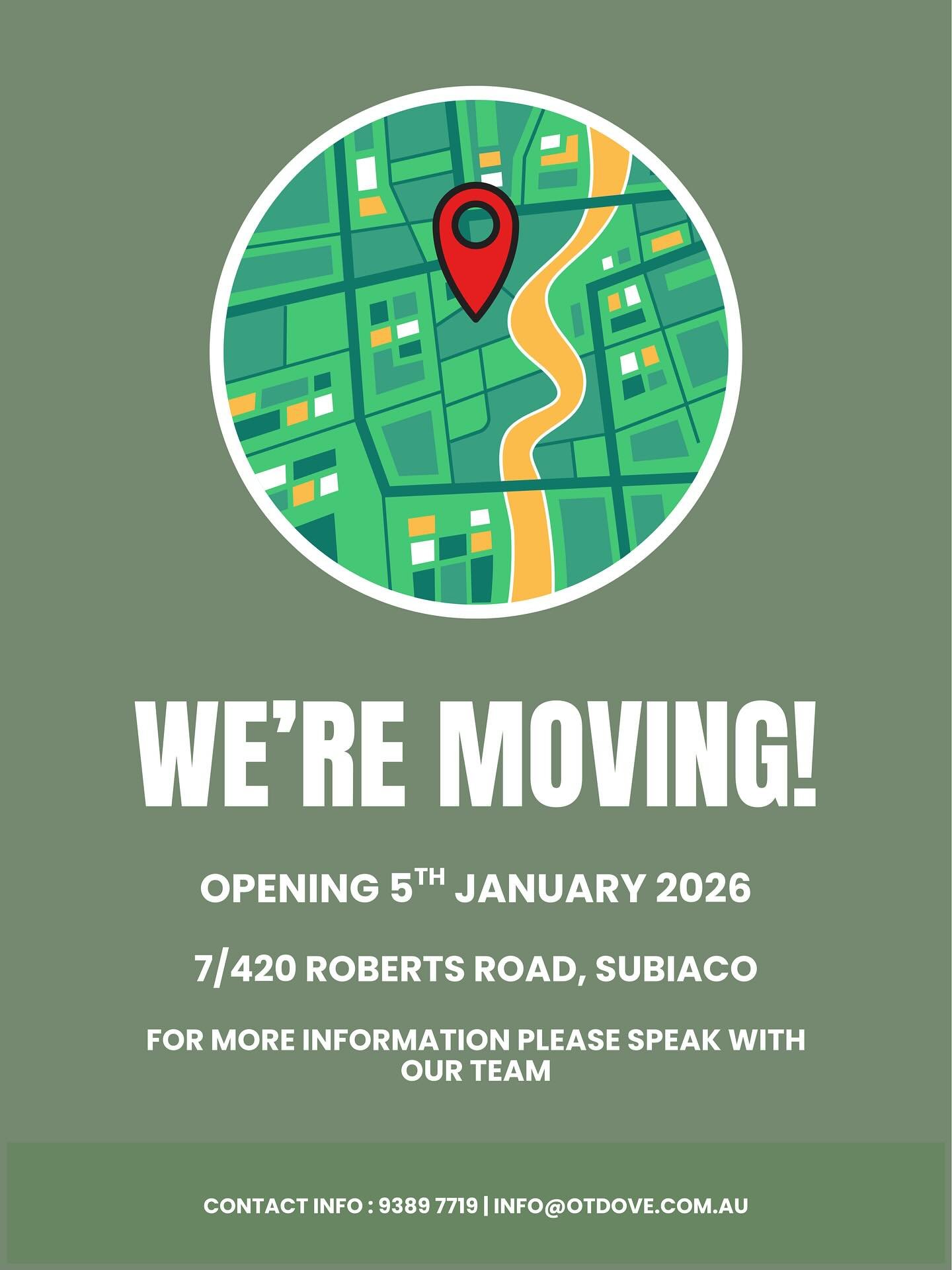 New year, new us! Same great team, fresh new space 🏡

As of the 5th of January, we look forward to welcoming our clients into our new space in Subiaco - 7/420 Roberts Road. 

For directions &amp; more info: 
📞 9389 7719
📧 info@otdove.com.au 

#per