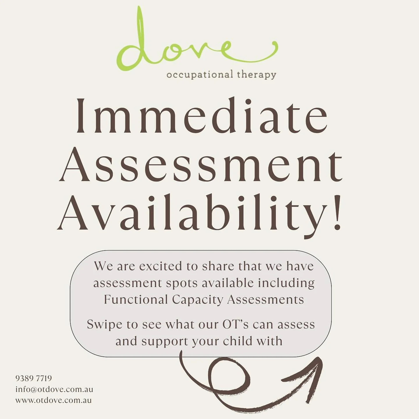 We are excited to share that we have assessment spots available including Functional Capacity Assessments. Swipe to see what our OT&rsquo;s can assess and support your child in.  Call us on 9389 7719 for more information🌱 
#perthot #perthoccupationa