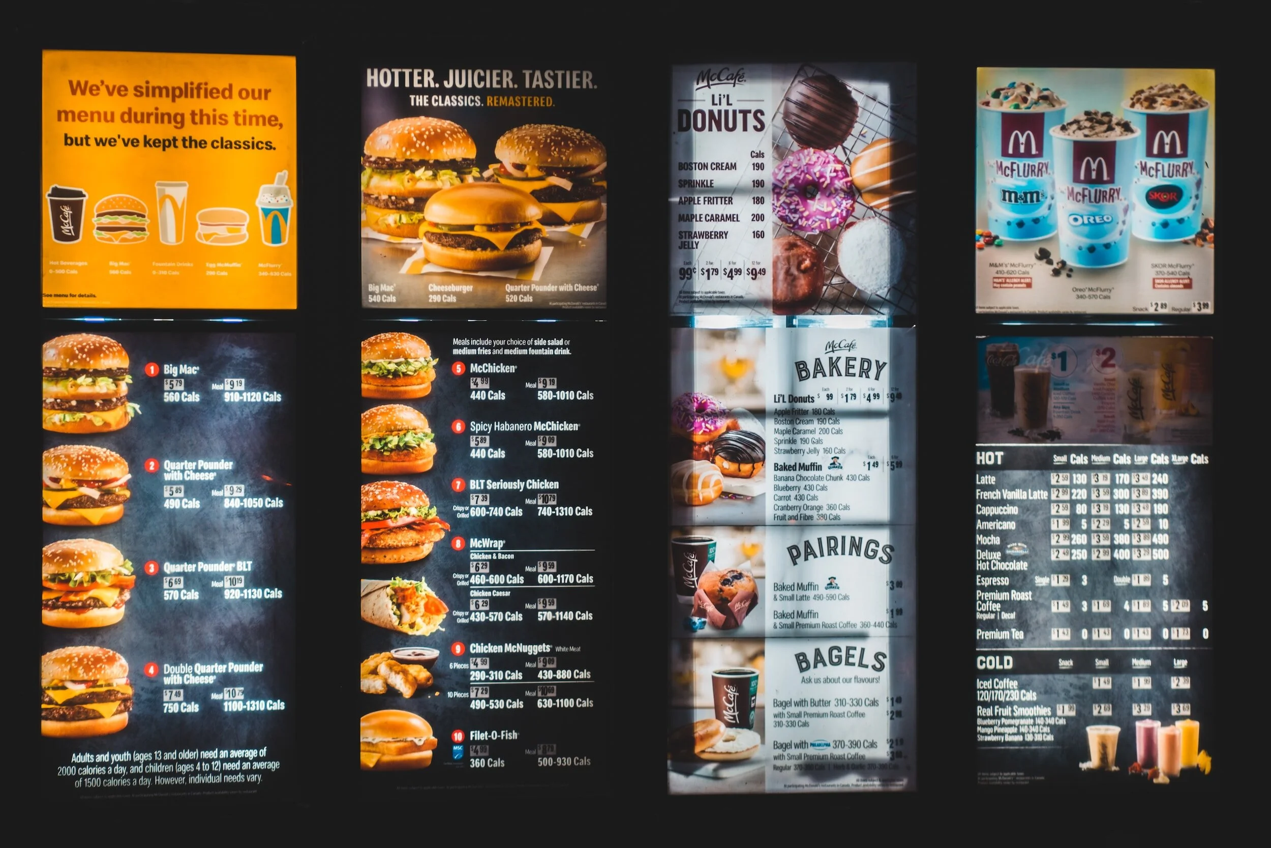 Fast food menu board featuring McDonald's offerings including burgers, sides, desserts, beverages, and coffee options, with prices and calorie counts.