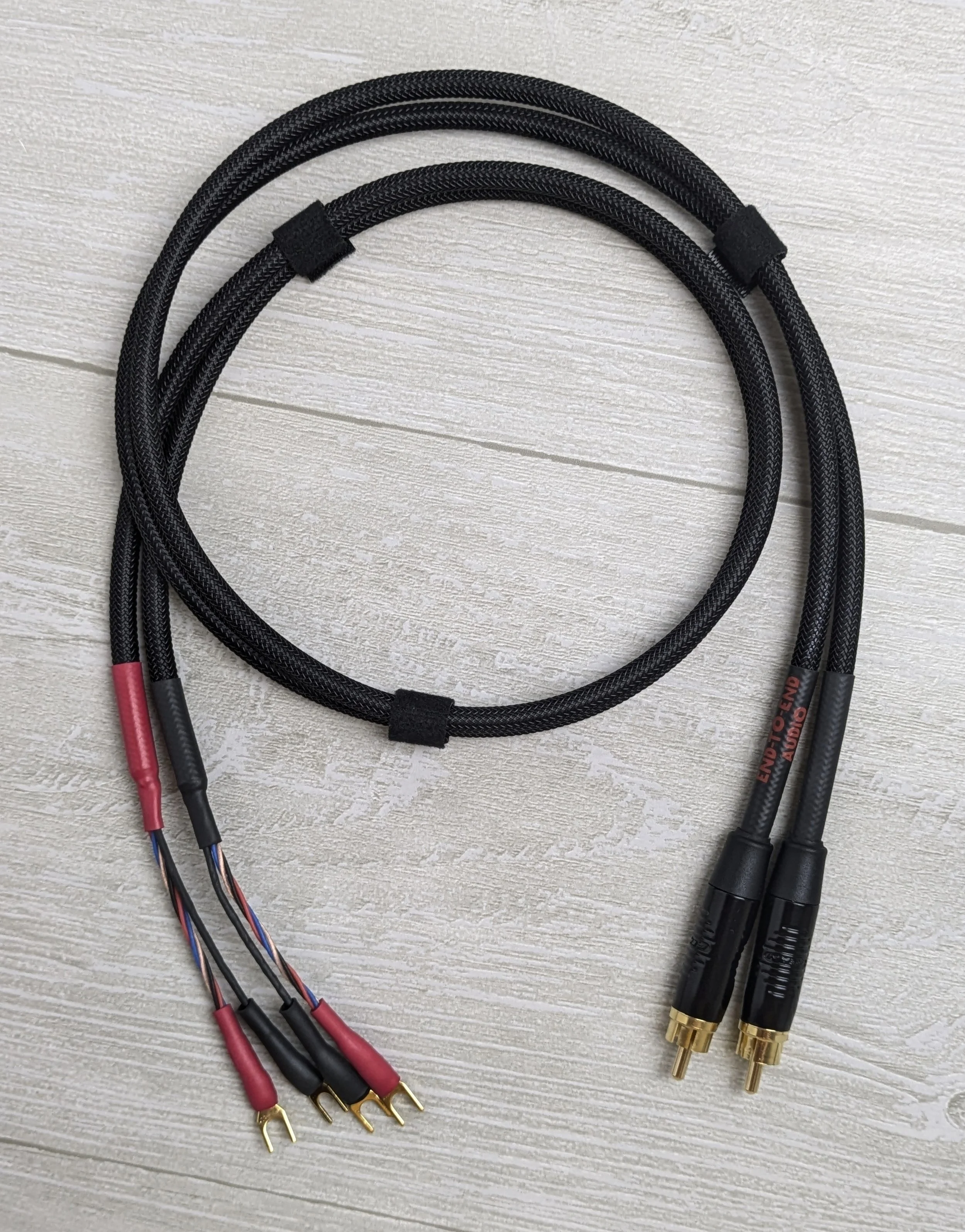 Stereo Dual RCA to Quad Mini Spade Cables for Vintage Preamp to Amplifier Connection; Neutrik Rean RCA, Mini Spades, Mogami Cable, Techflex Sleeve