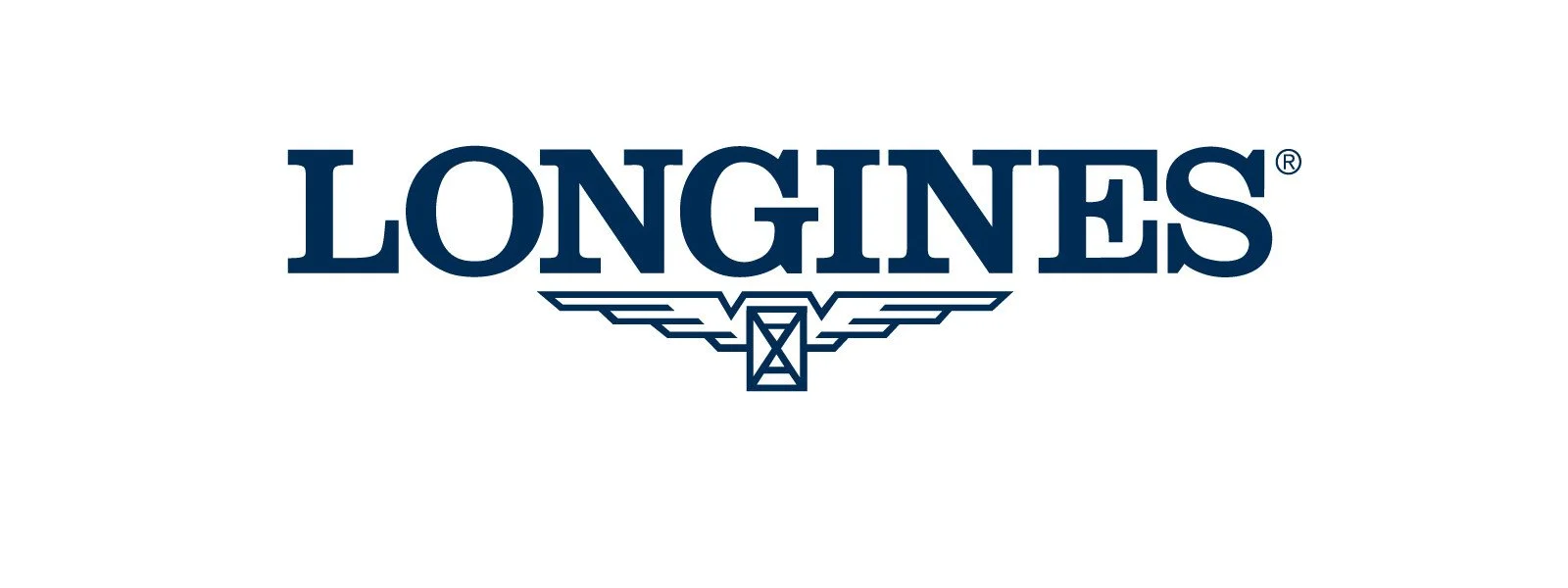 Das Logo der Marke Longines mit blauer Schrift und einem stilisierten Uhrzeitoriginal in blau.