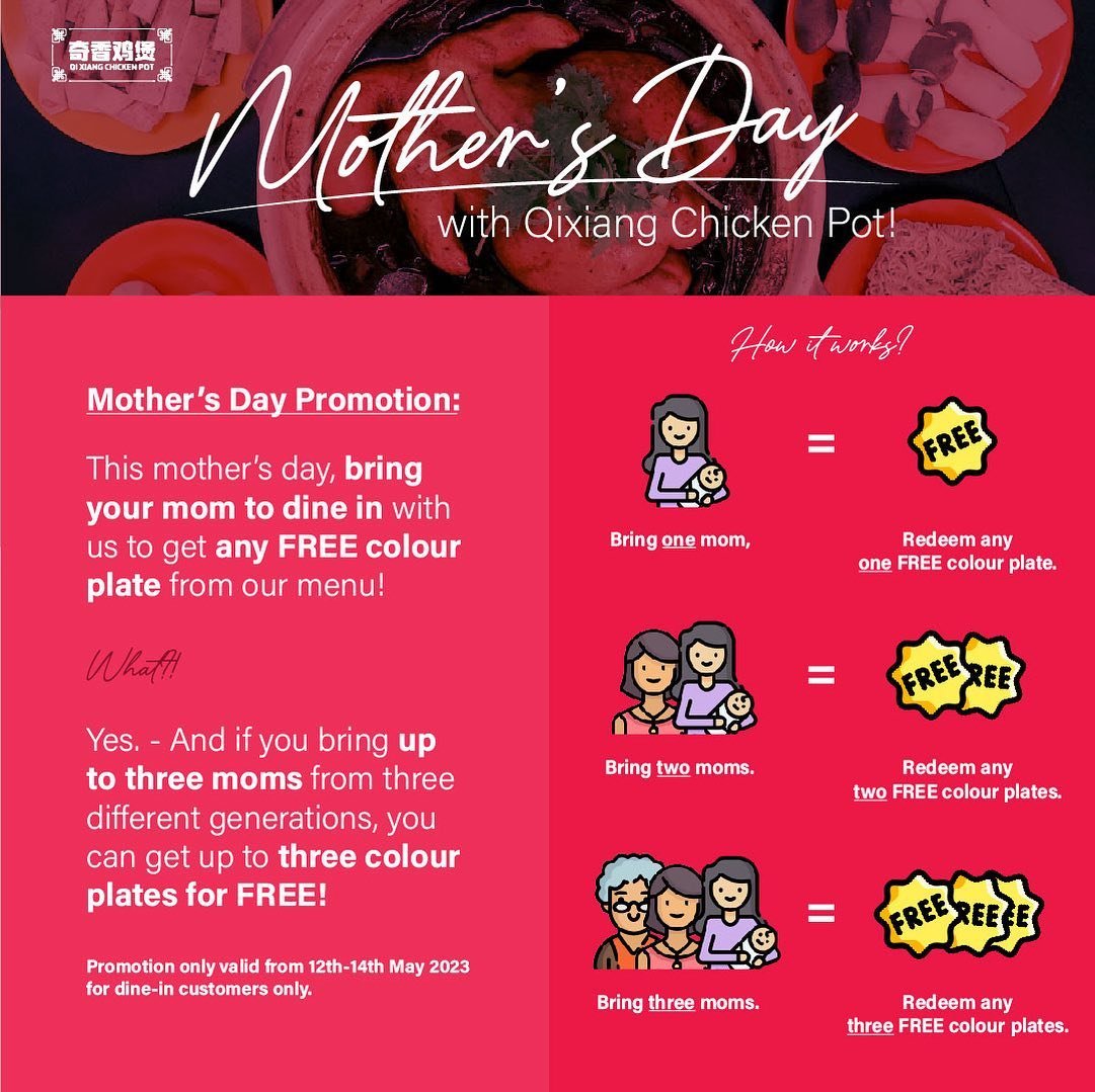 FREE FOOD FOR YOUR MOM! (or yourself if you&rsquo;re a mom 🤩👩&zwj;👦)

This Mother&rsquo;s Day, bring your mom and dine in with us to get any FREE colour plate from our menu!

And if you bring up to three moms from three different generations, you 