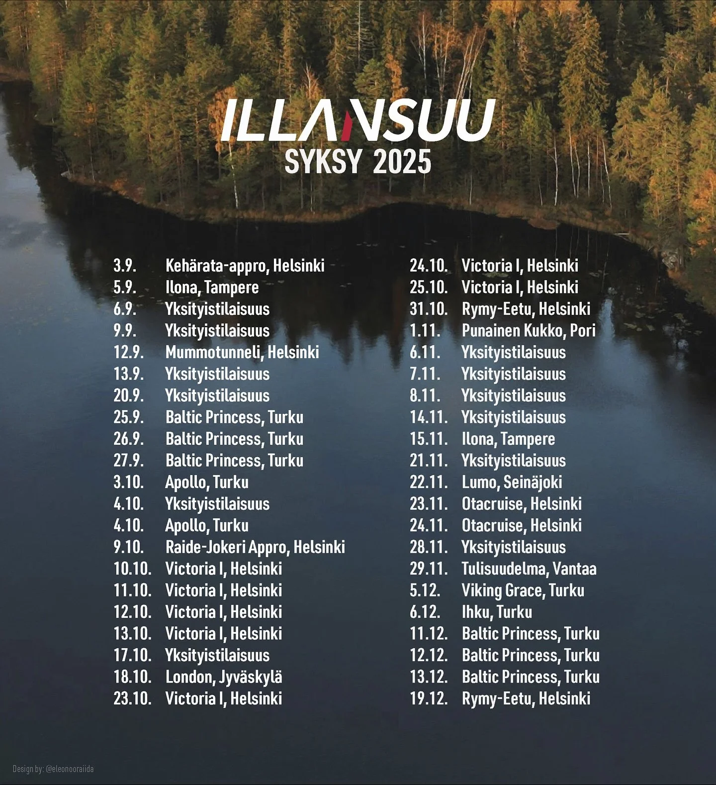 Syksy saapuu ja sen mukana myös odotettu loppuvuoden keikkakalenterimme! 🍁 Paina seuraavat kaupungit ja keikkapaikat mieleen ja tule kanssamme bailaamaan! 🔥
📍Helsinki: Mummotunneli, Rymy-Eetu, Victoria I
📍Vantaa: Tulisuudelma
📍Turku: Apoll