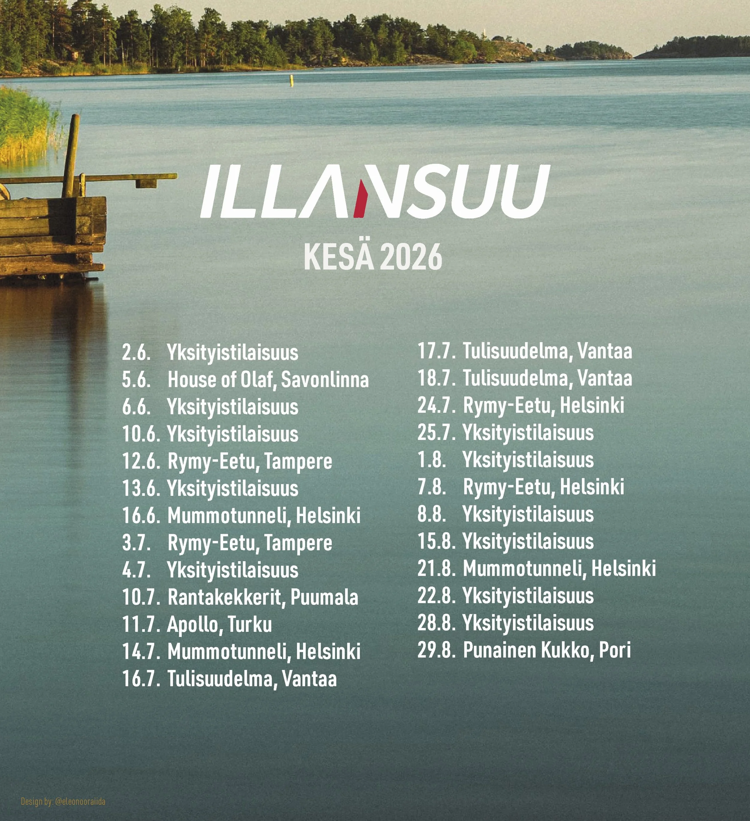 Ootteko valmiita Illansuun keikkakes&auml;&auml;n? T&auml;&auml;lt&auml; pesee! 🔥

T&auml;n&auml; kes&auml;n&auml; painellaan keikkaa tuttujen ja tulisten menomestojen kes&auml;illoissa, kuten Stadin ja Tampereen Rymy-Eetussa, Mummotunnelissa, Vanta