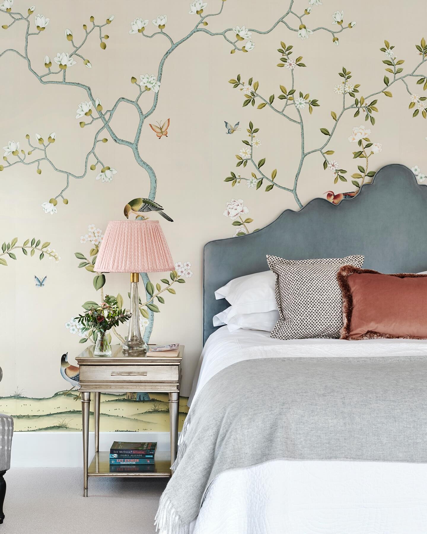 A master bedroom we helped to create with the owner who had fallen in love with this divine @degournay wallpaper and wanted all elements of the bed to work around it. It took us a while to get the shape exactly right but we created a bespoke velvet h