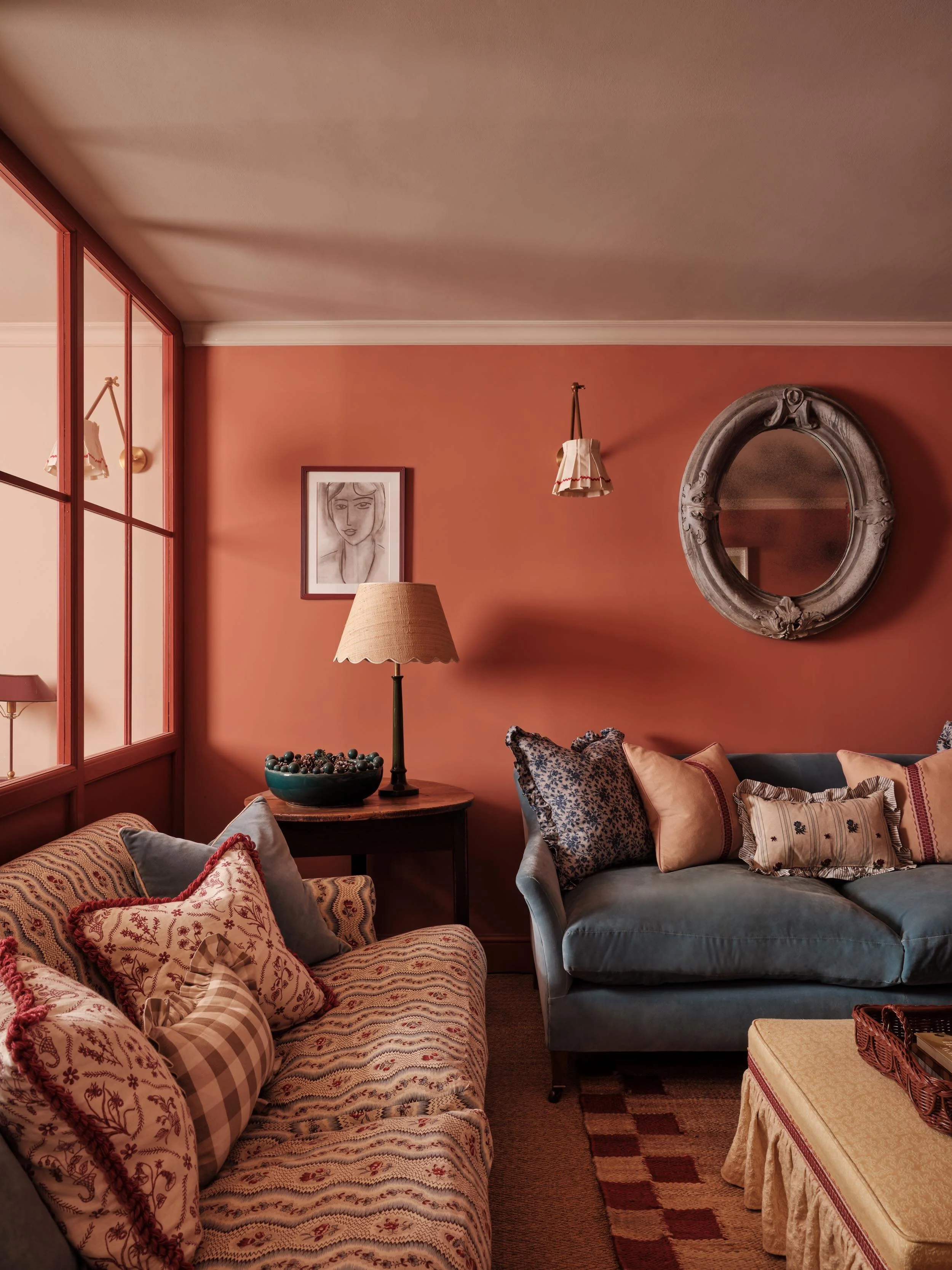 We&rsquo;ve shared this Wandsworth snug before, but this time we wanted to zoom in on one of our favourite details - the footstool. We took our client&rsquo;s existing piece and re-covered it in @salvesengraham Seaweed Woven in Dusty Pink, finishing 