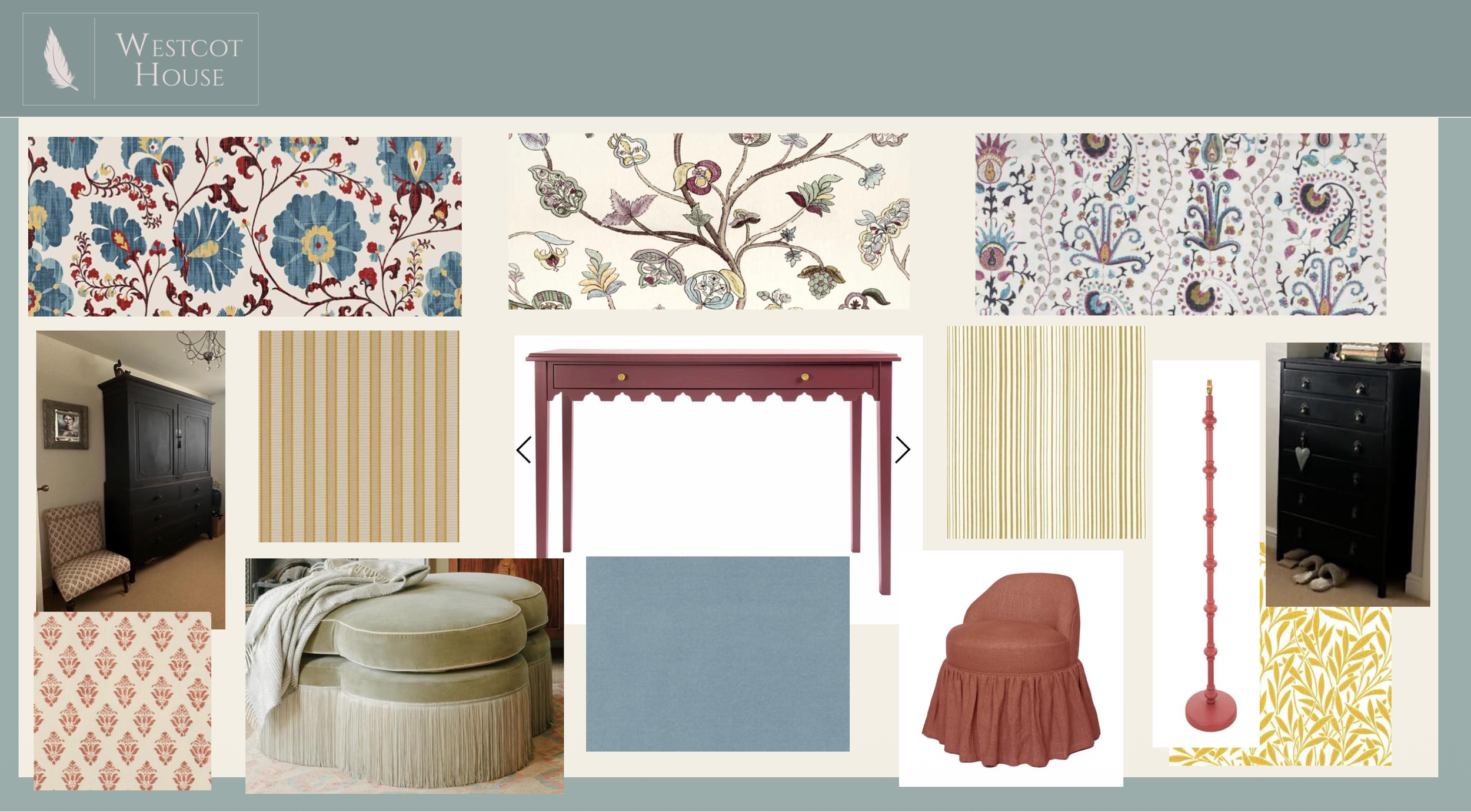 Dressing room scheme board with printed fabrics, stripes, a painted scalloped console, a skirted chair and lighting, alongside the client’s existing furniture